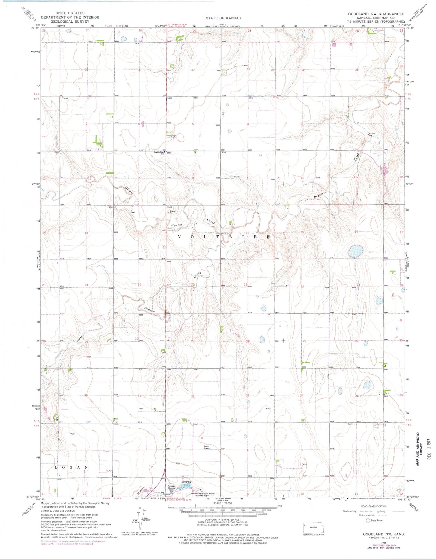 Classic USGS Goodland NW Kansas 7.5'x7.5' Topo Map Image