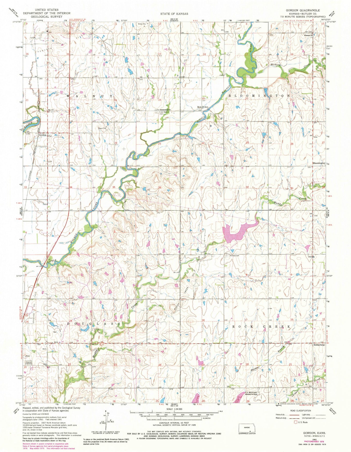 Classic USGS Gordon Kansas 7.5'x7.5' Topo Map Image