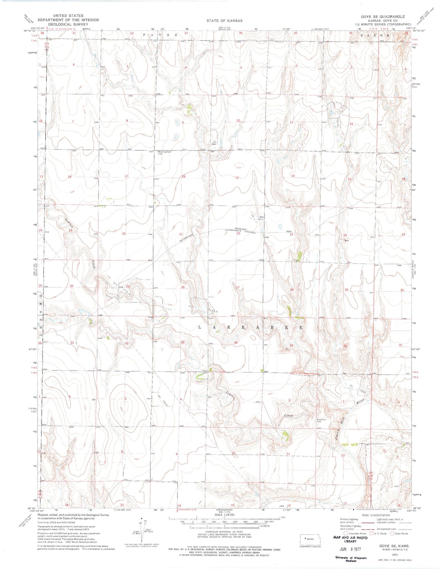 Classic USGS Gove SE Kansas 7.5'x7.5' Topo Map Image