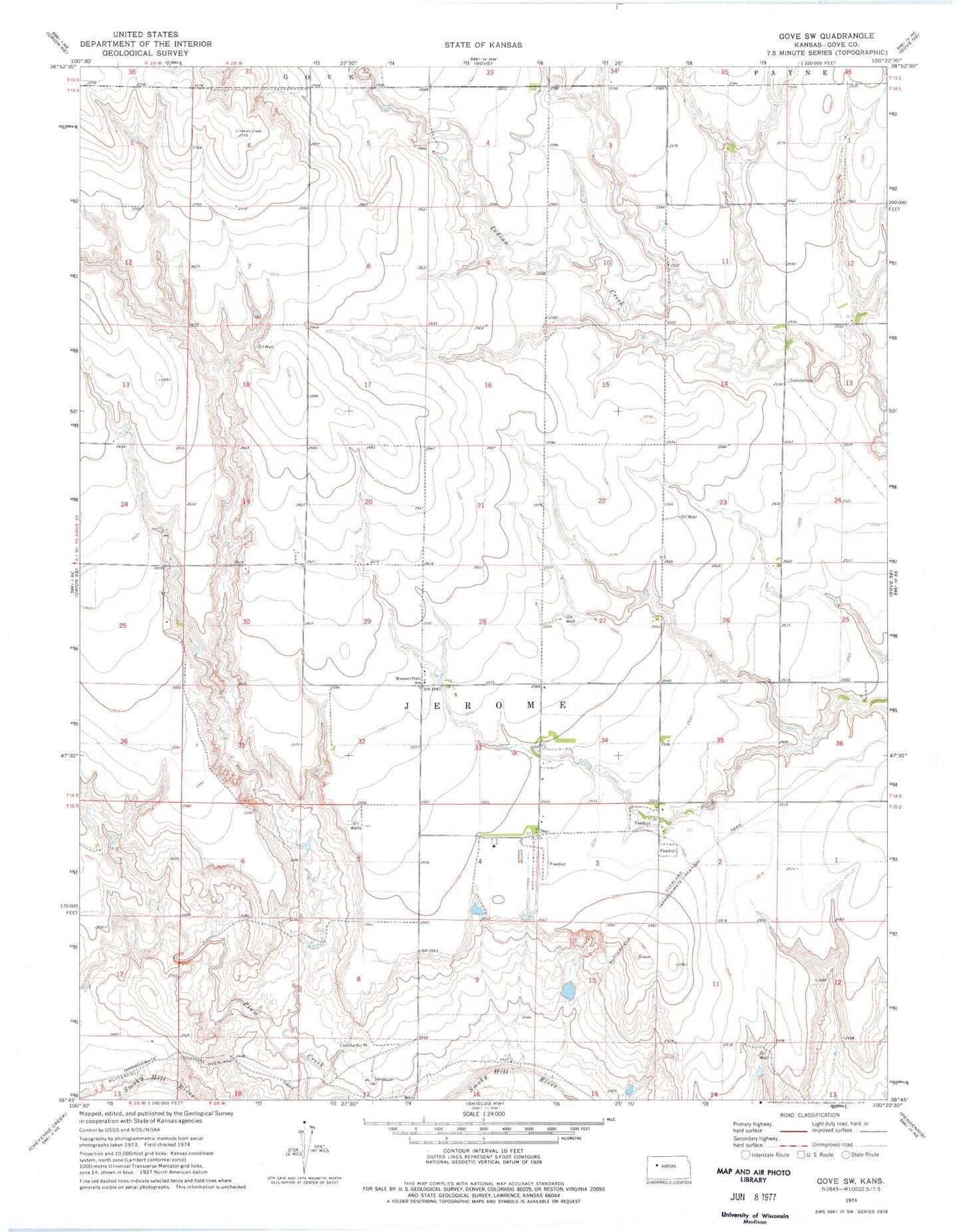 Classic USGS Gove SW Kansas 7.5'x7.5' Topo Map Image