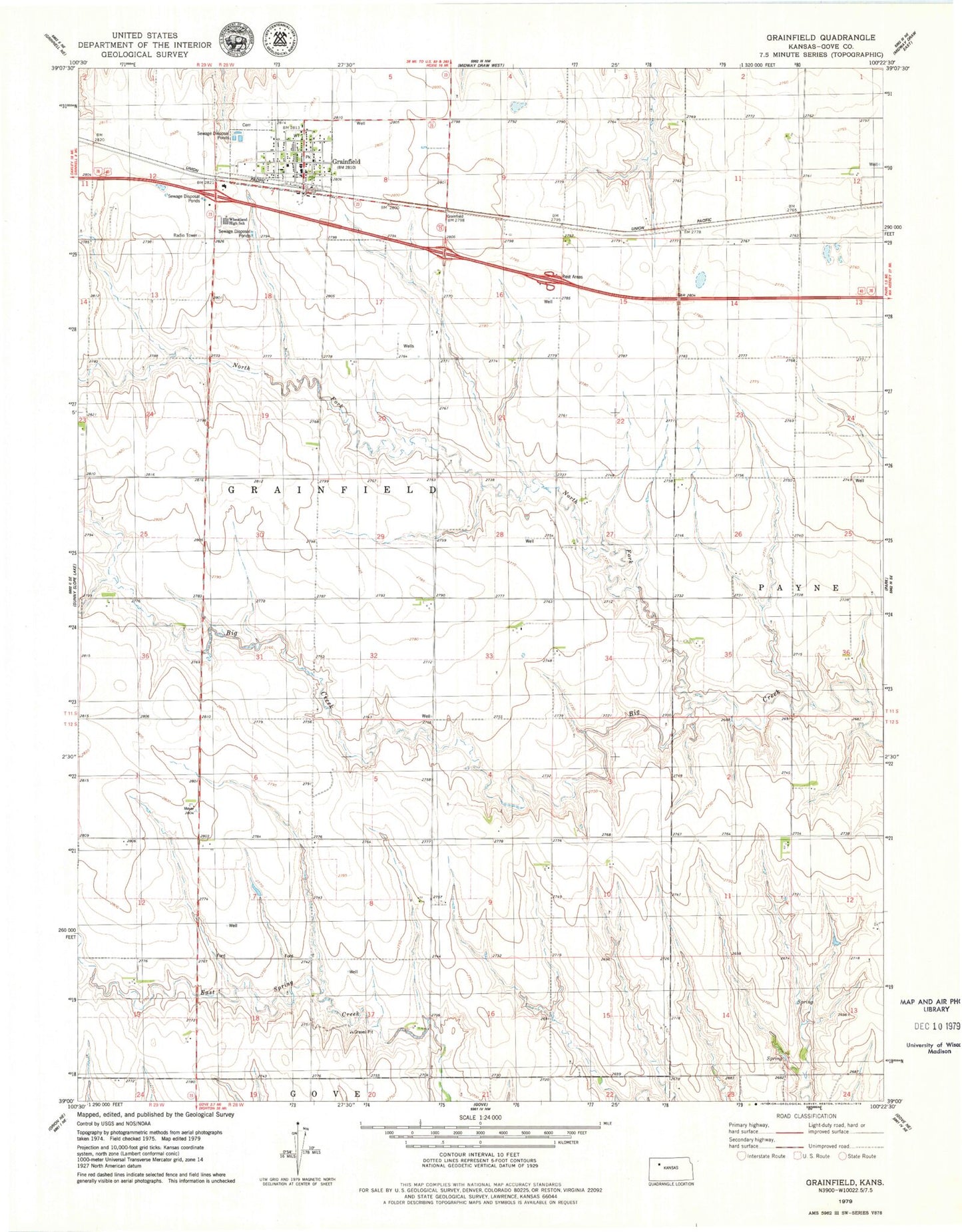 Classic USGS Grainfield Kansas 7.5'x7.5' Topo Map Image