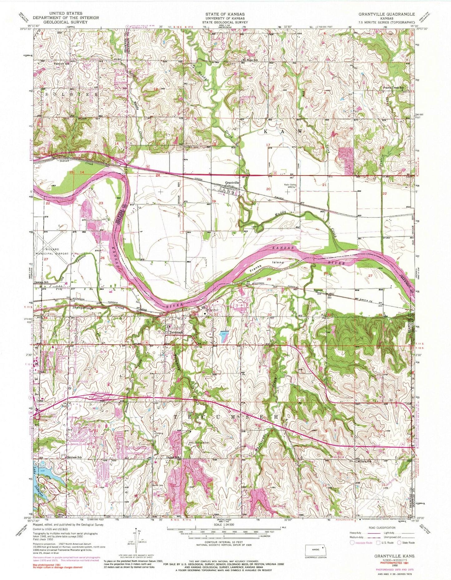 Classic USGS Grantville Kansas 7.5'x7.5' Topo Map Image