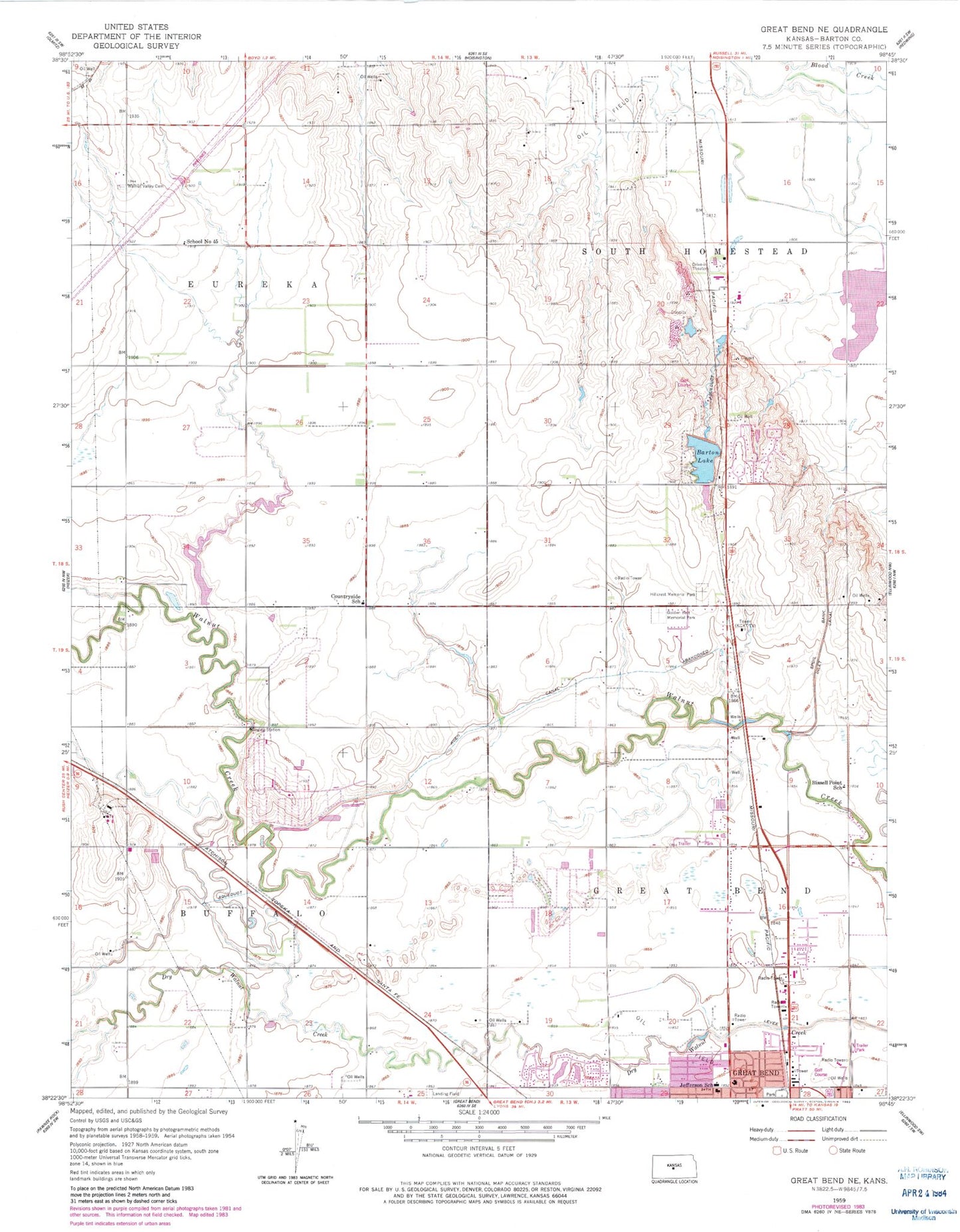 Classic USGS Great Bend NE Kansas 7.5'x7.5' Topo Map Image