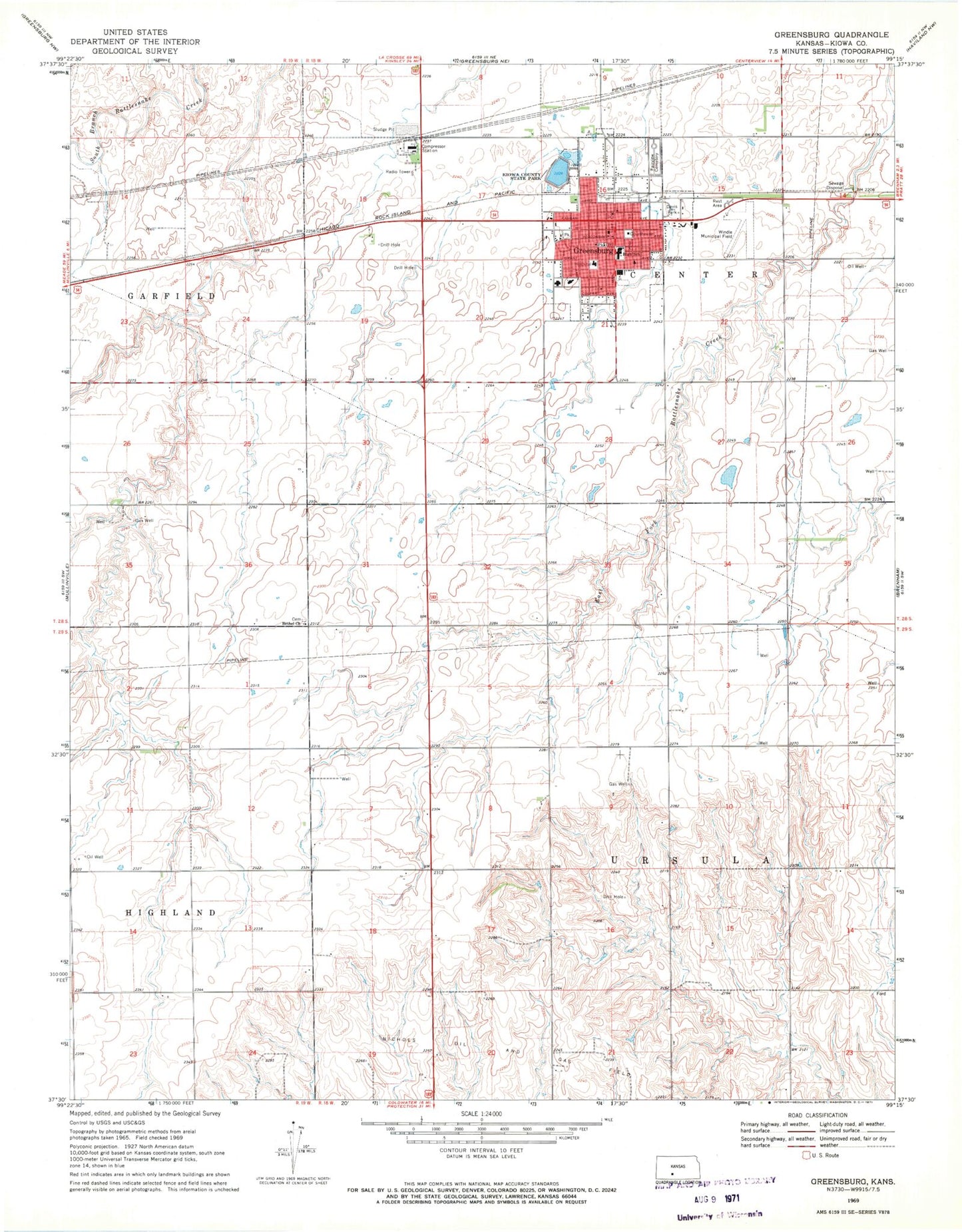 Classic USGS Greensburg Kansas 7.5'x7.5' Topo Map Image