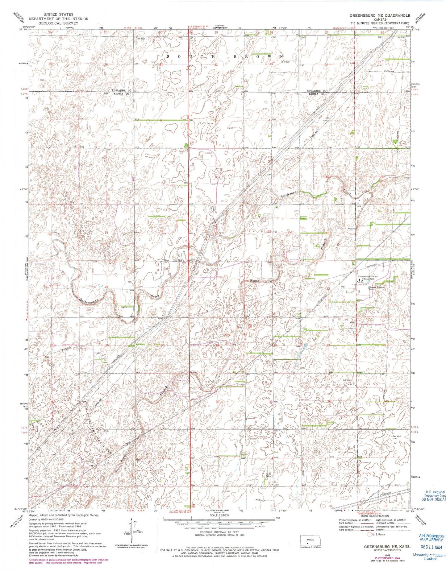 Classic USGS Greensburg NE Kansas 7.5'x7.5' Topo Map Image