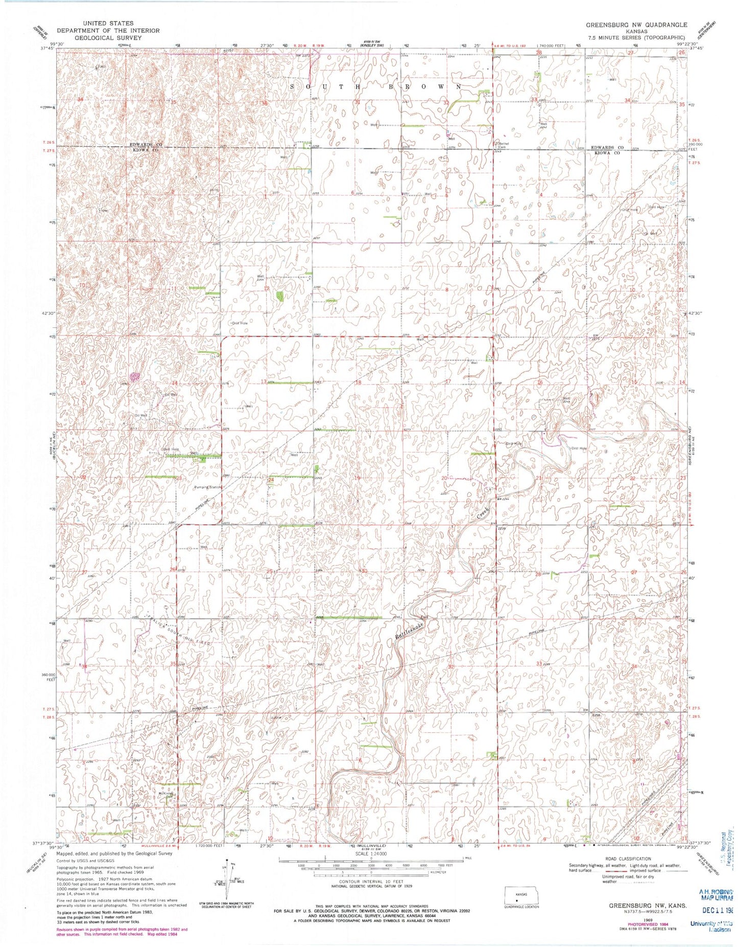 Classic USGS Greensburg NW Kansas 7.5'x7.5' Topo Map Image