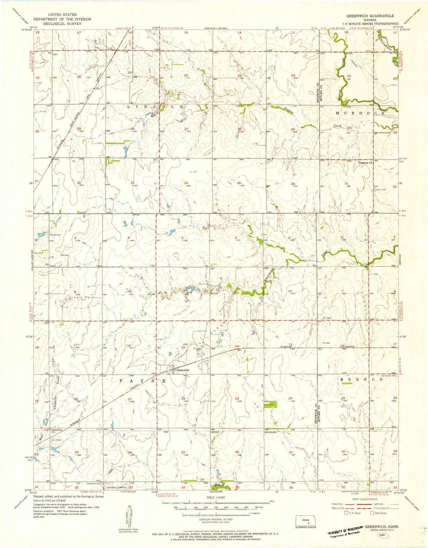 Classic USGS Greenwich Kansas 7.5'x7.5' Topo Map Image