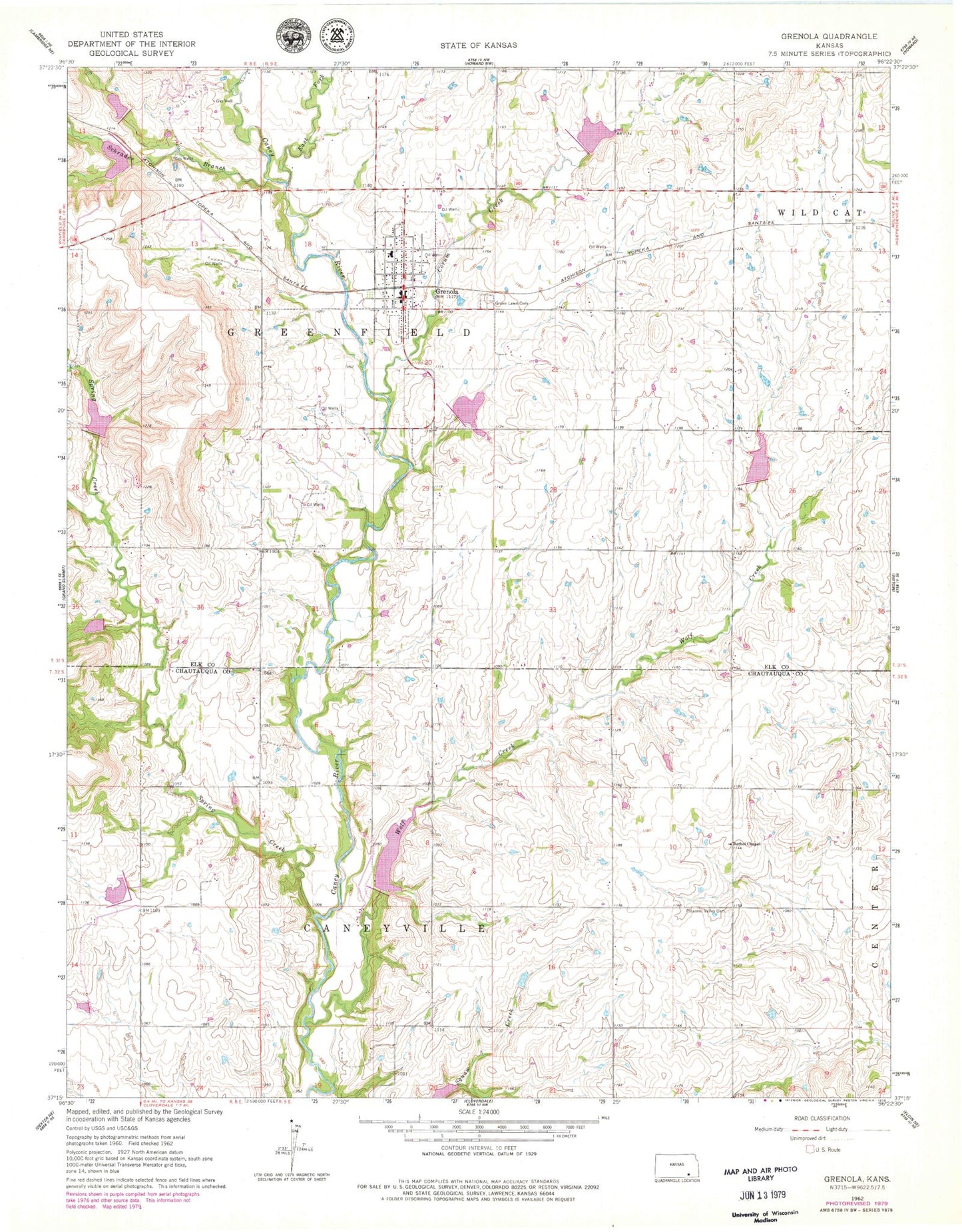Classic USGS Grenola Kansas 7.5'x7.5' Topo Map Image