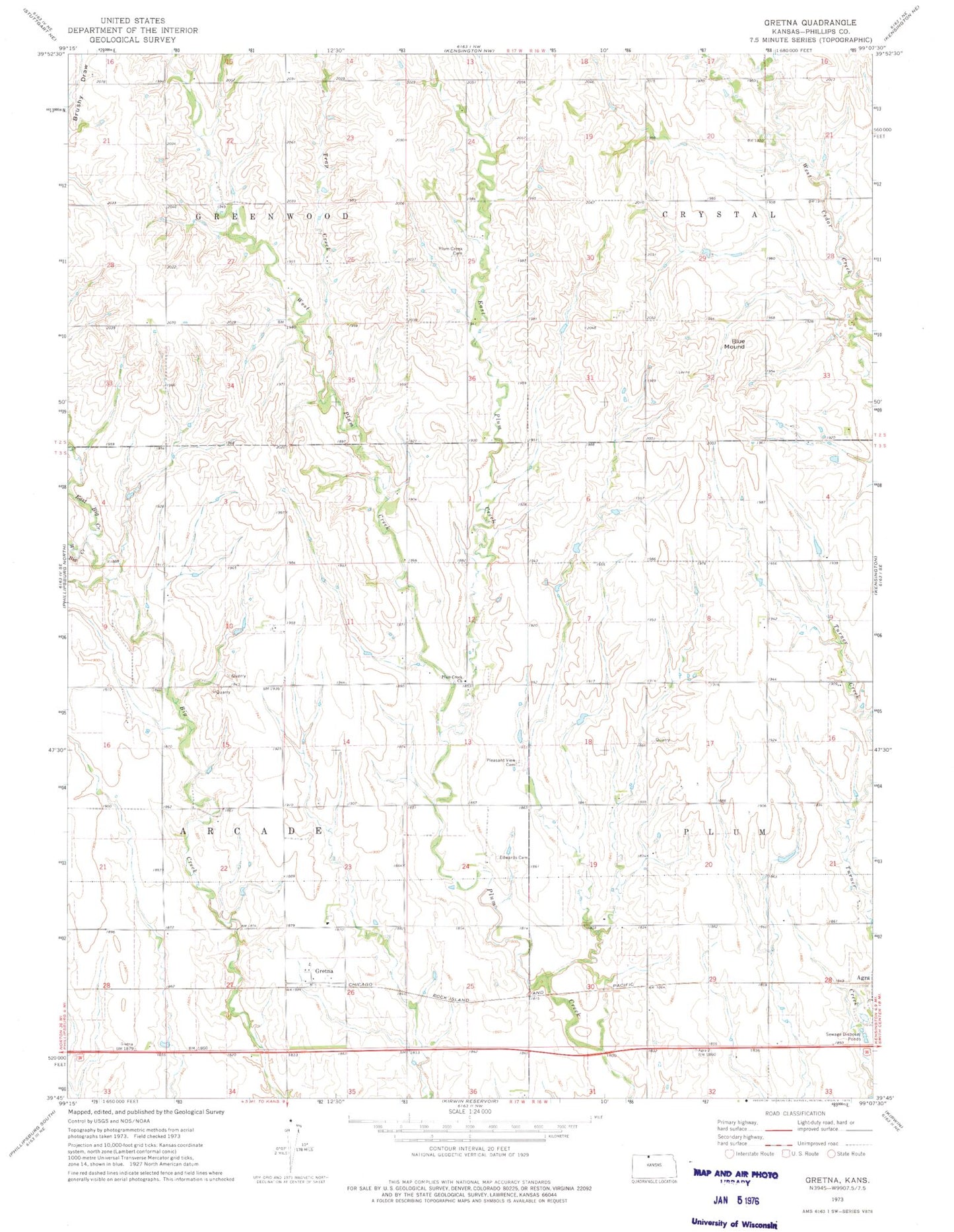 Classic USGS Gretna Kansas 7.5'x7.5' Topo Map Image