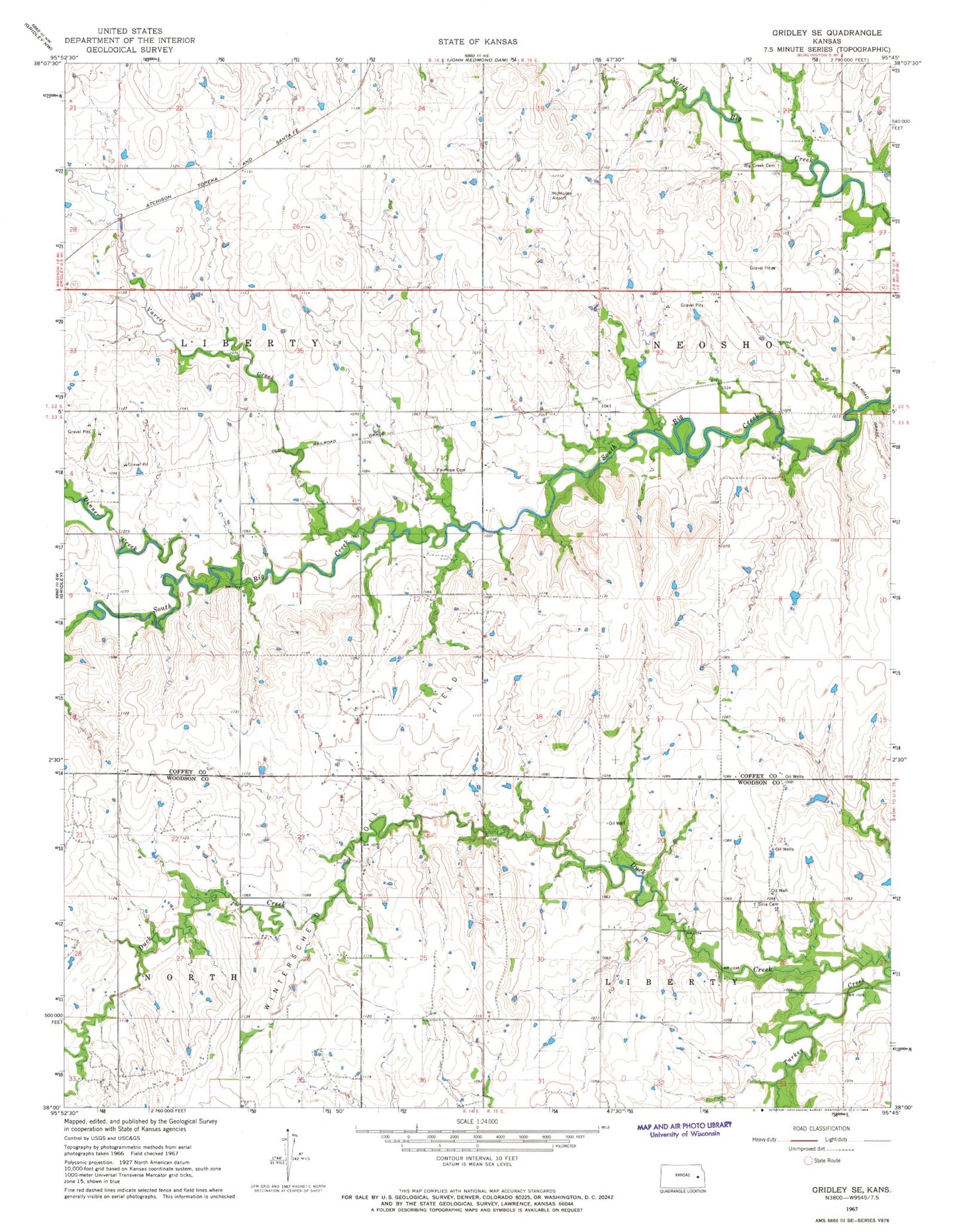 Classic USGS Gridley SE Kansas 7.5'x7.5' Topo Map Image