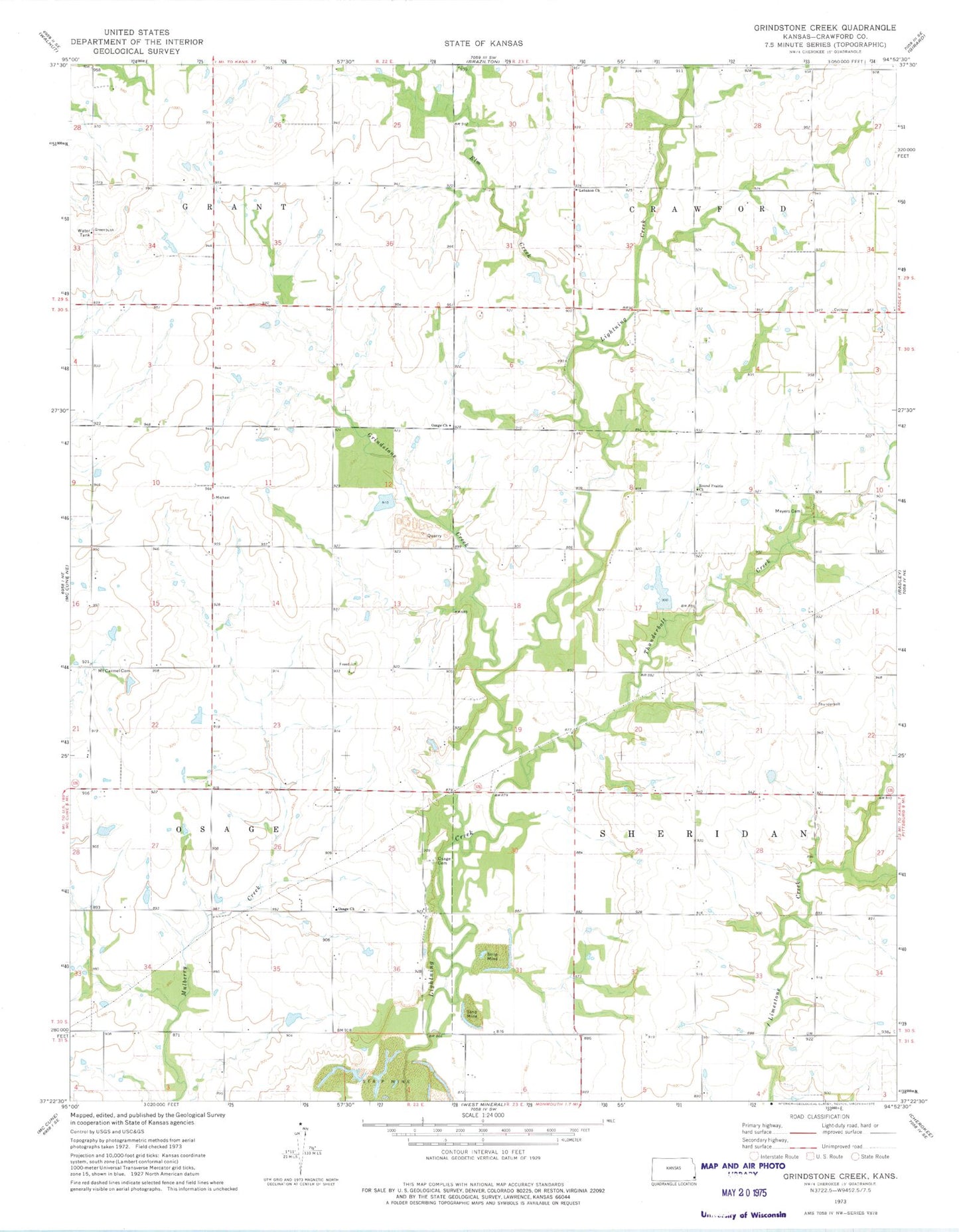 Classic USGS Grindstone Creek Kansas 7.5'x7.5' Topo Map Image