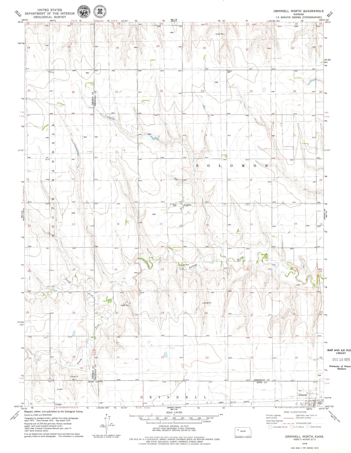Classic USGS Grinnell North Kansas 7.5'x7.5' Topo Map Image