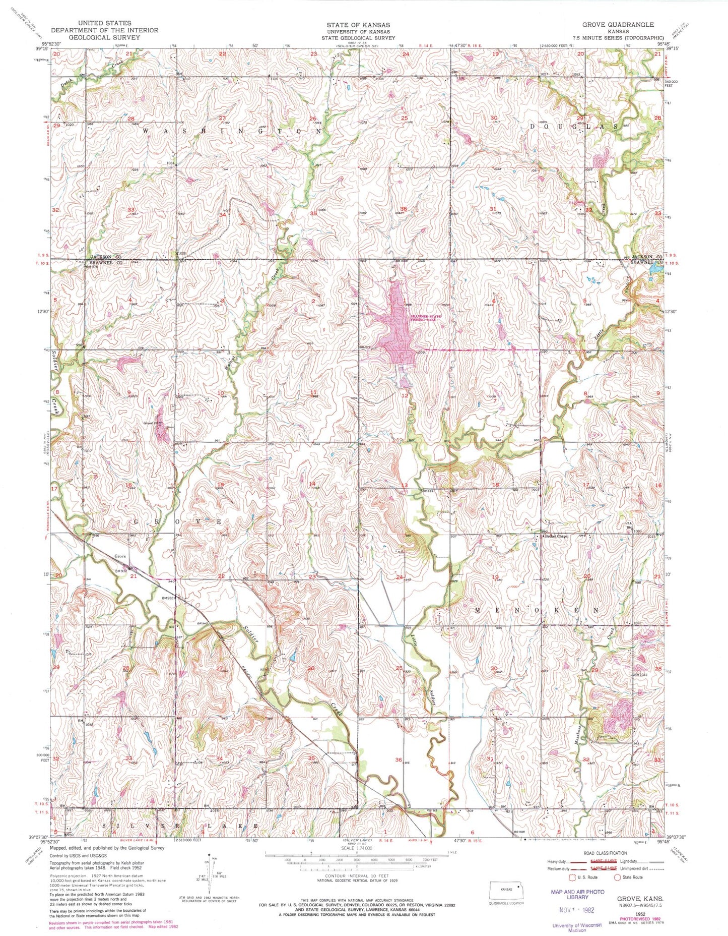 Classic USGS Grove Kansas 7.5'x7.5' Topo Map Image