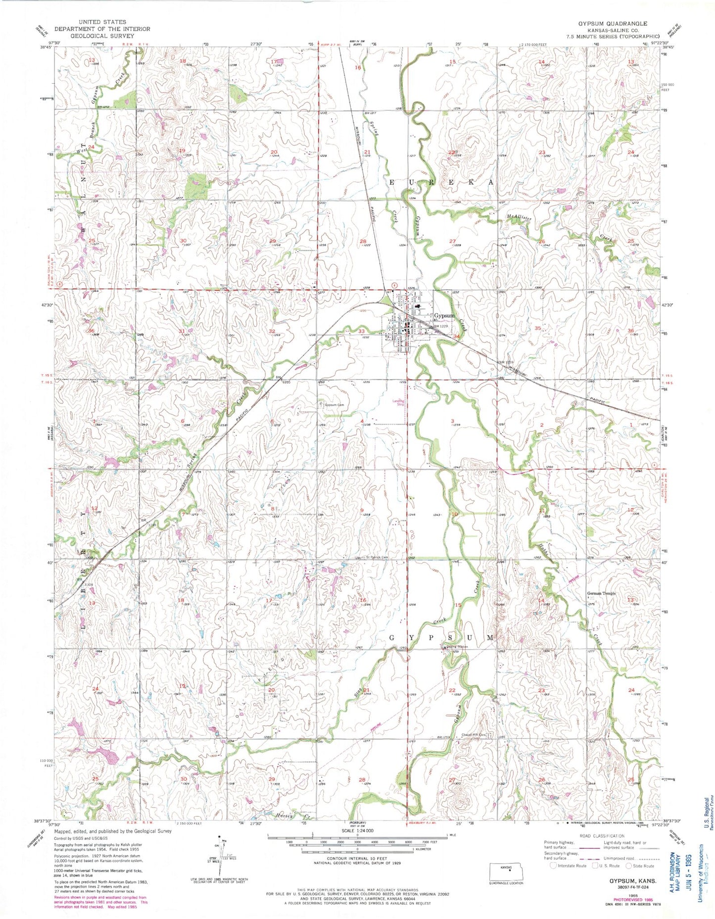 Classic USGS Gypsum Kansas 7.5'x7.5' Topo Map Image