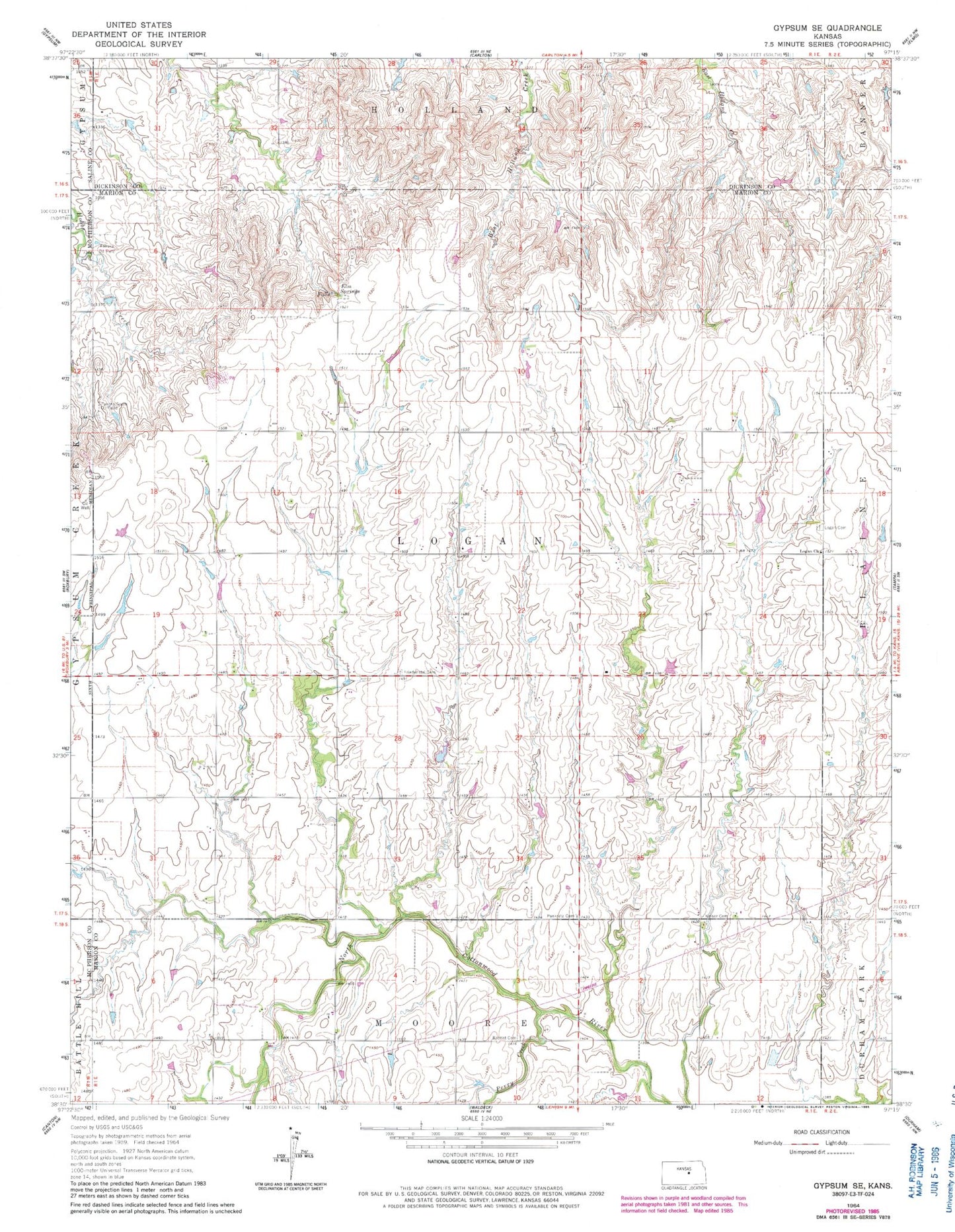 Classic USGS Gypsum SE Kansas 7.5'x7.5' Topo Map Image