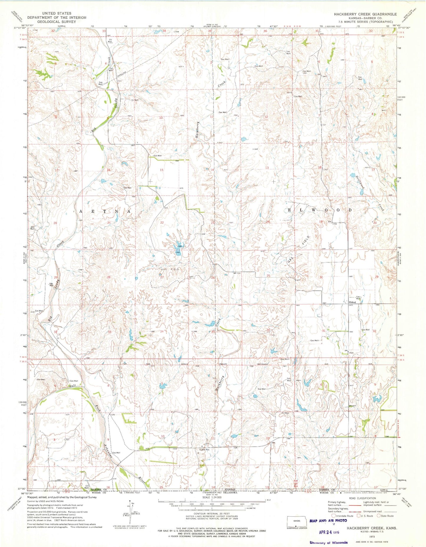 Classic USGS Hackberry Creek Kansas 7.5'x7.5' Topo Map Image
