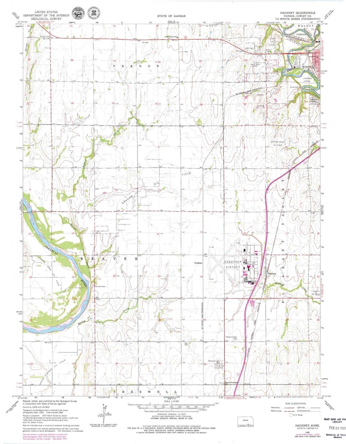 Classic USGS Hackney Kansas 7.5'x7.5' Topo Map Image