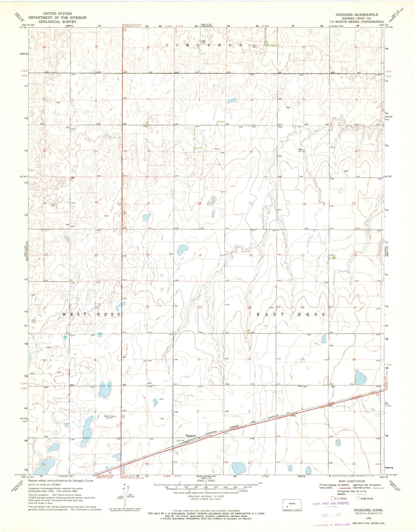 Classic USGS Haggard Kansas 7.5'x7.5' Topo Map Image