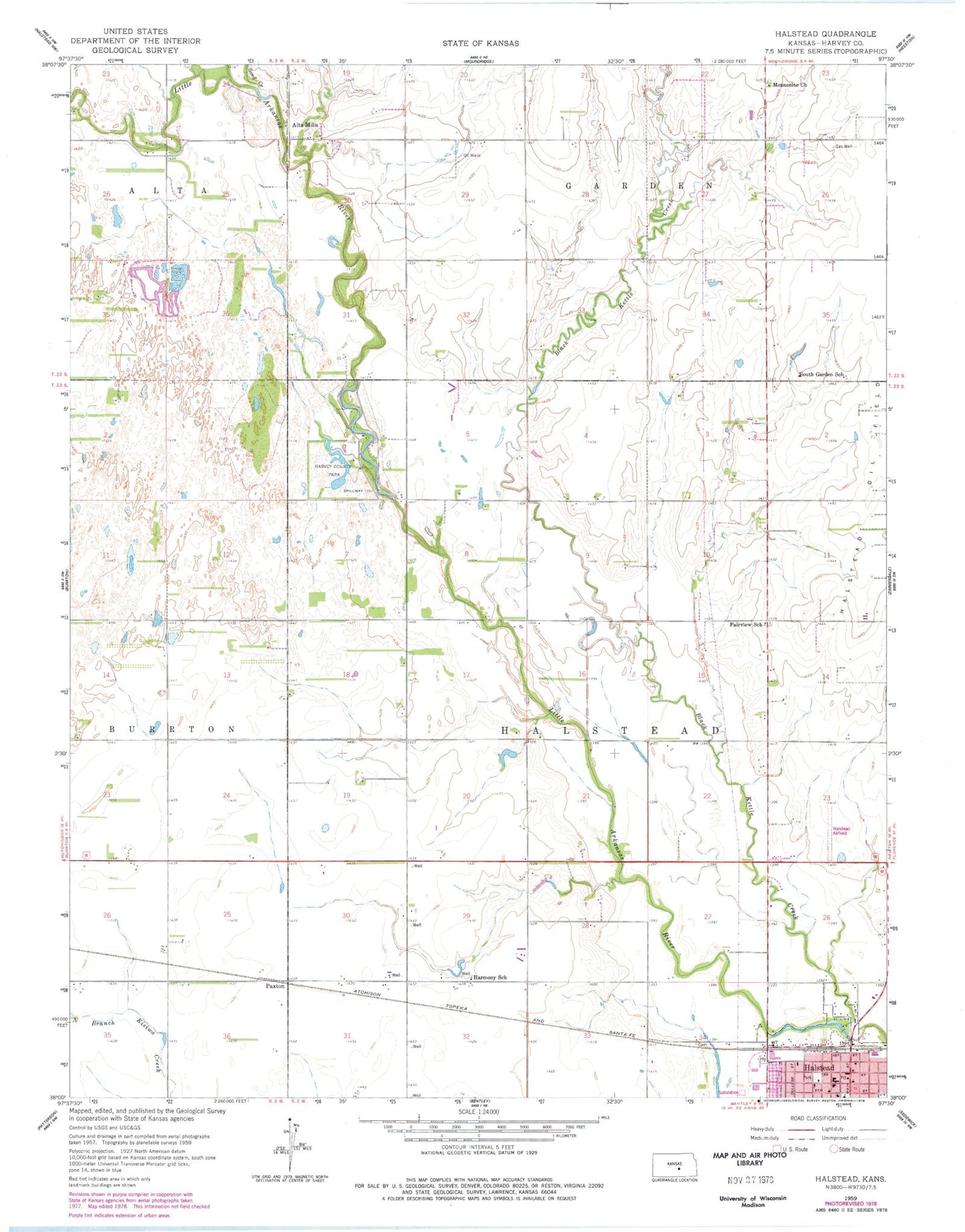 Classic USGS Halstead Kansas 7.5'x7.5' Topo Map Image