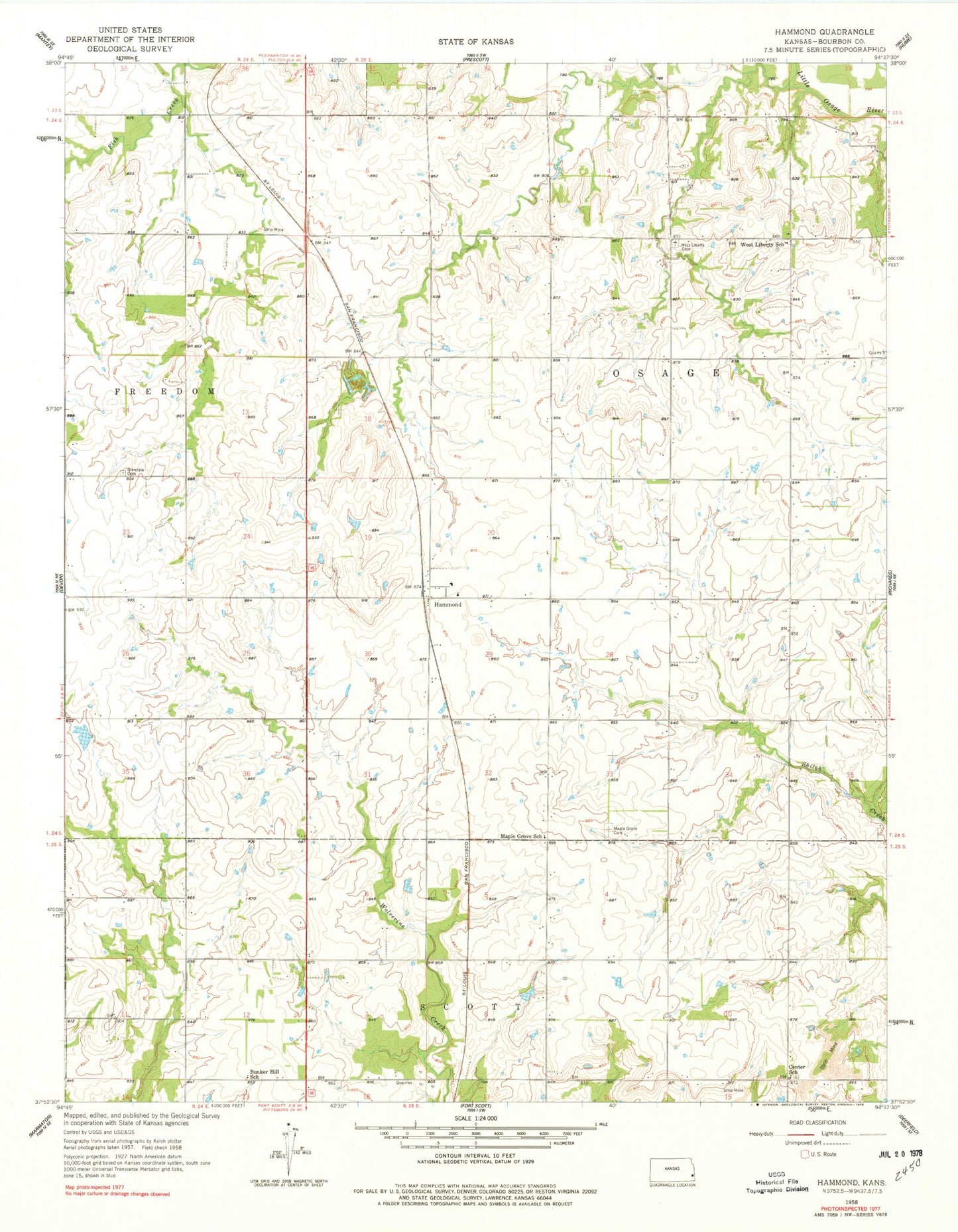 Classic USGS Hammond Kansas 7.5'x7.5' Topo Map Image
