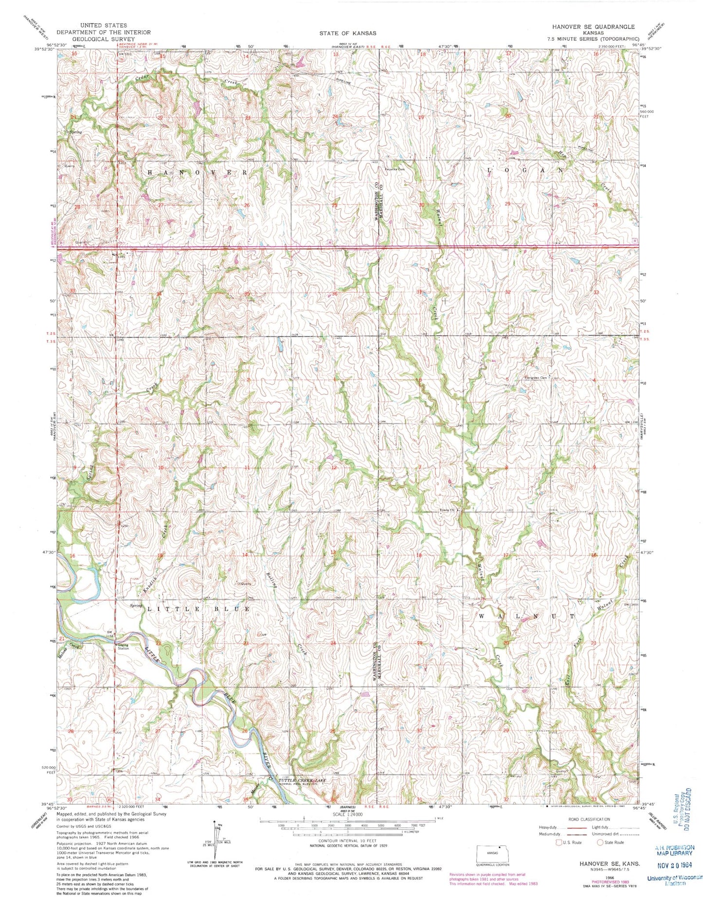 Classic USGS Hanover SE Kansas 7.5'x7.5' Topo Map Image