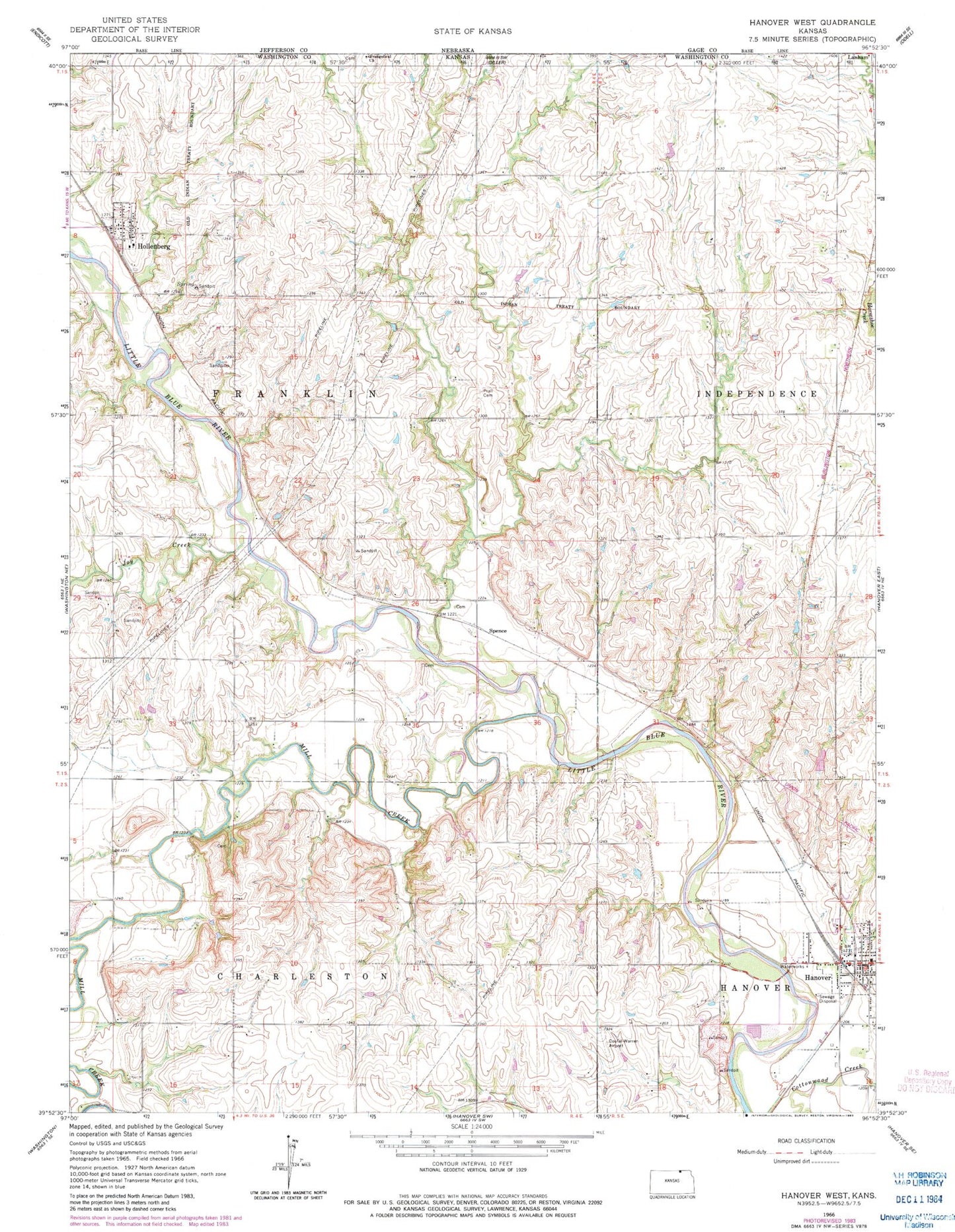Classic USGS Hanover West Kansas 7.5'x7.5' Topo Map Image