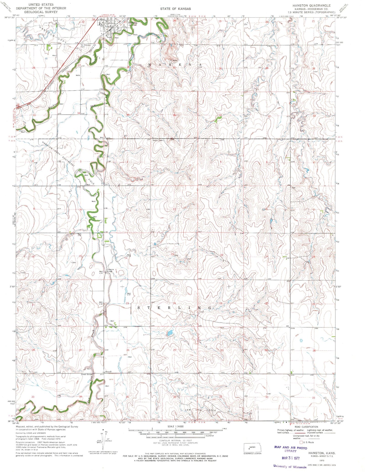 Classic USGS Hanston Kansas 7.5'x7.5' Topo Map Image