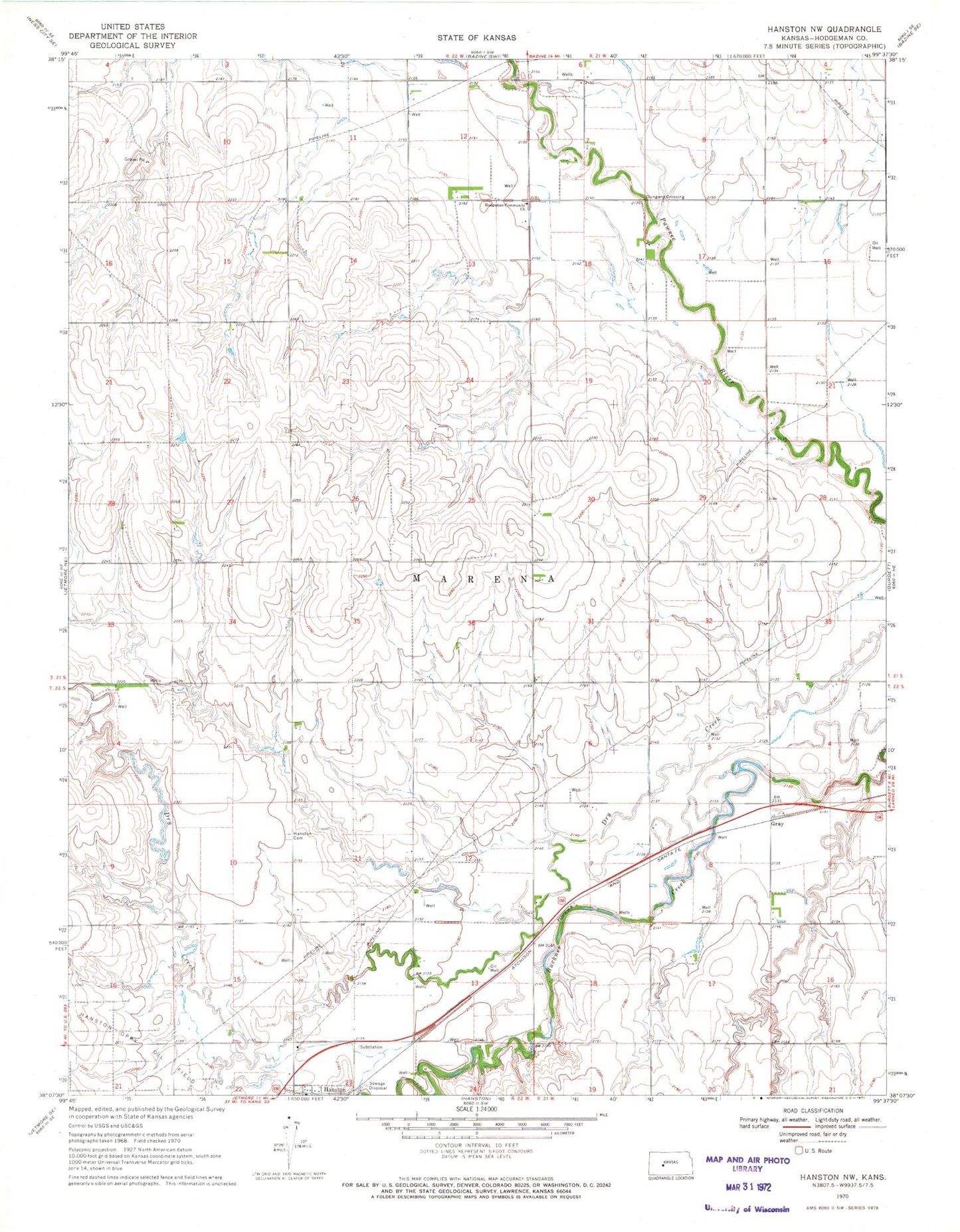 Classic USGS Hanston NW Kansas 7.5'x7.5' Topo Map Image