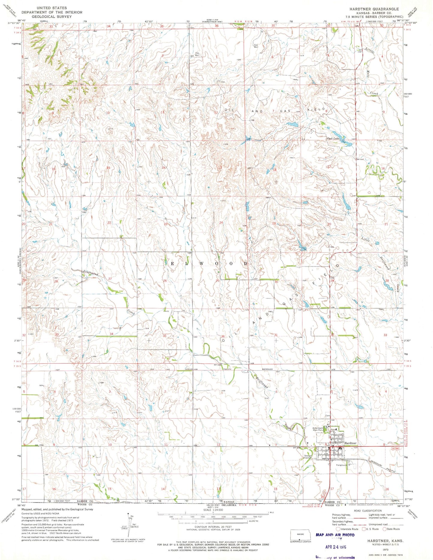 Classic USGS Hardtner Kansas 7.5'x7.5' Topo Map Image
