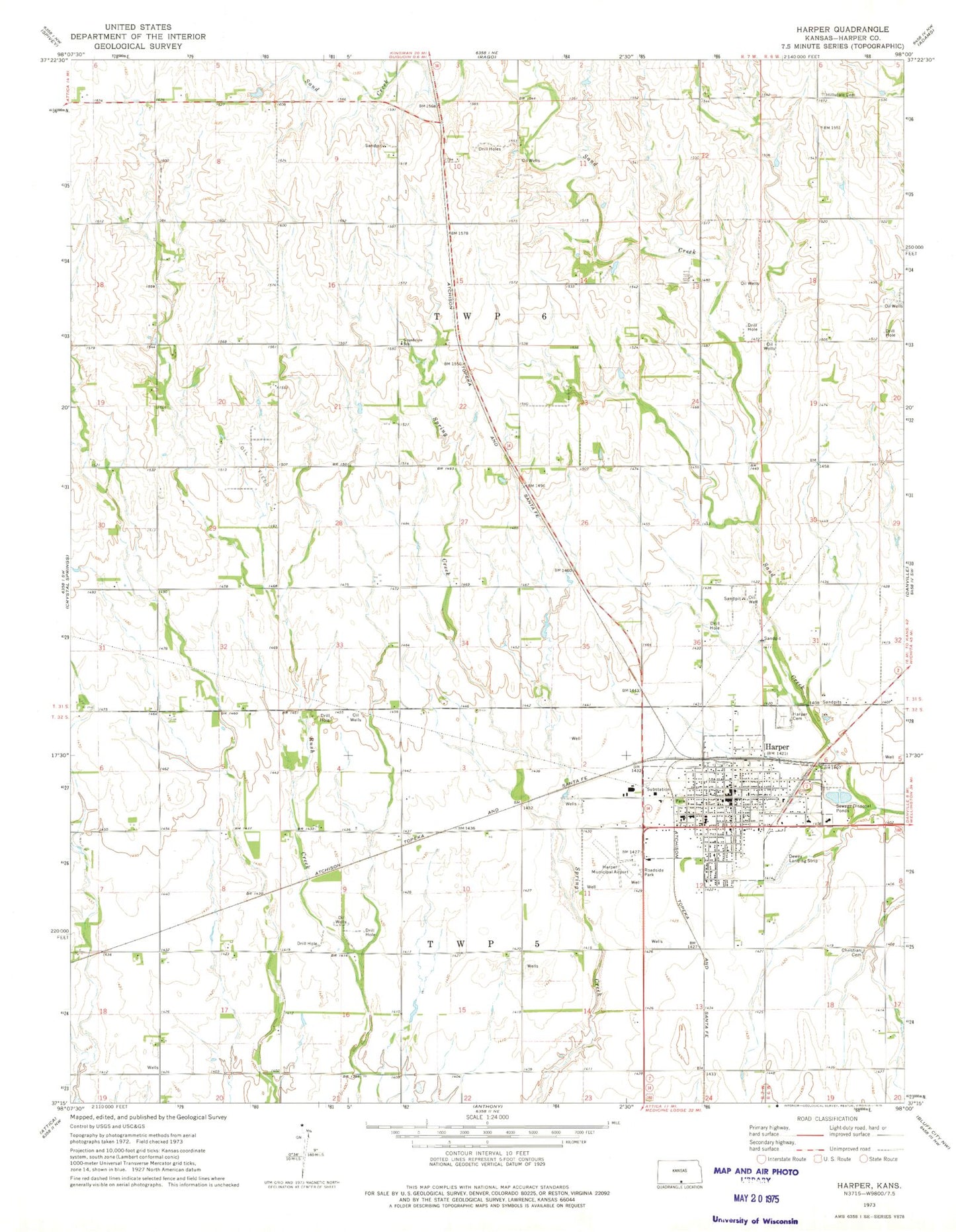 Classic USGS Harper Kansas 7.5'x7.5' Topo Map Image
