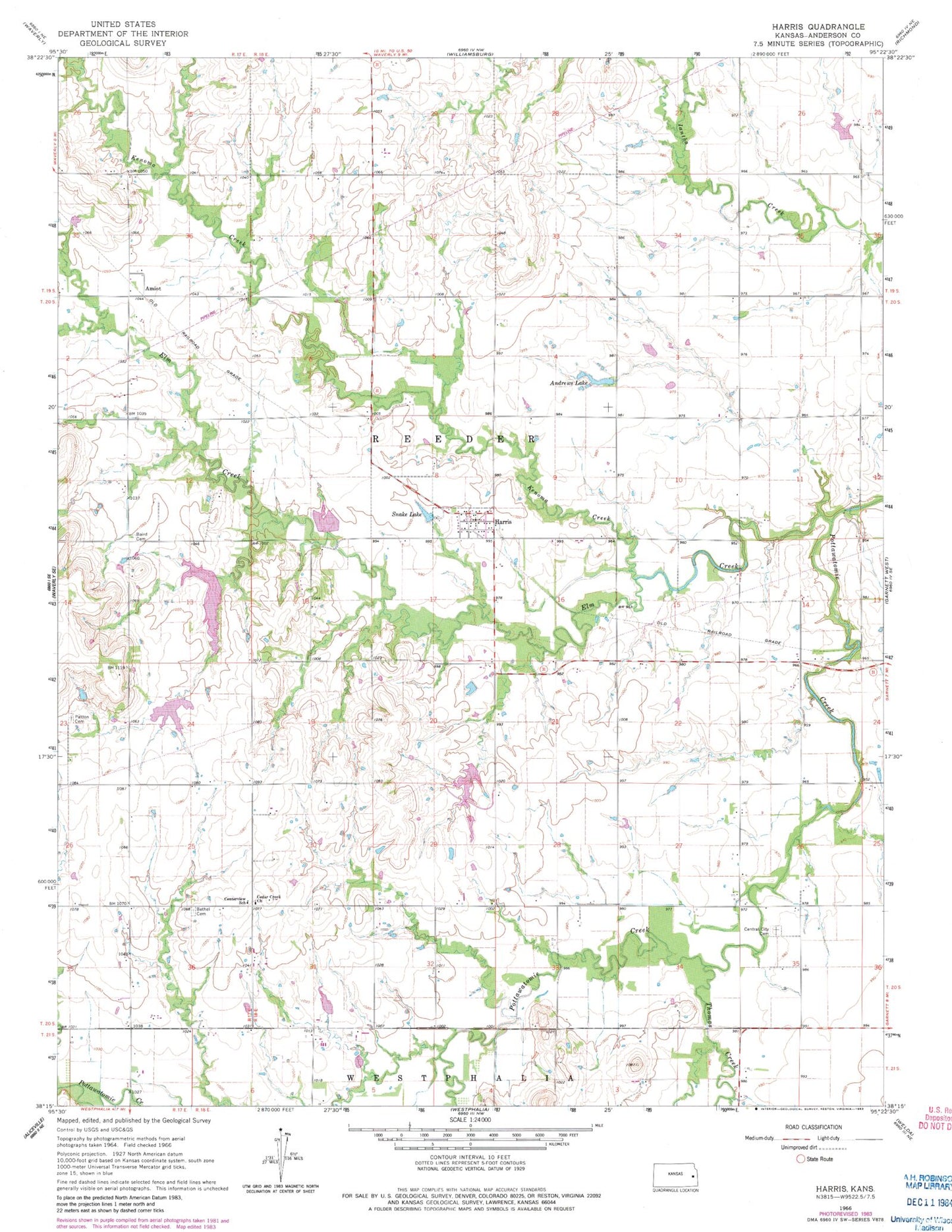 Classic USGS Harris Kansas 7.5'x7.5' Topo Map Image