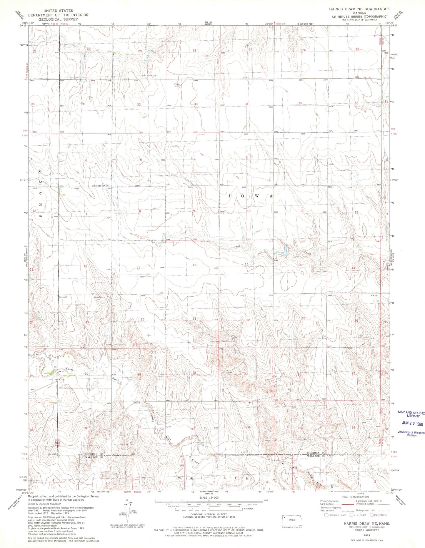 Classic USGS Harris Draw NE Kansas 7.5'x7.5' Topo Map Image