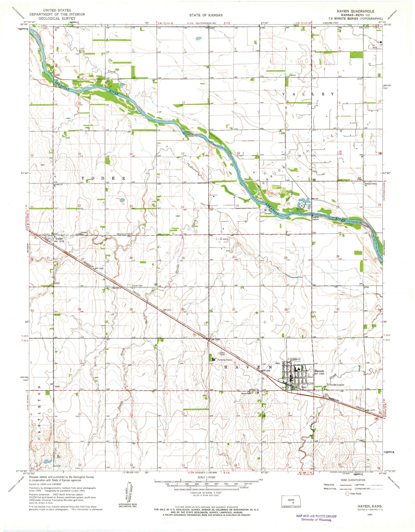Classic USGS Haven Kansas 7.5'x7.5' Topo Map Image