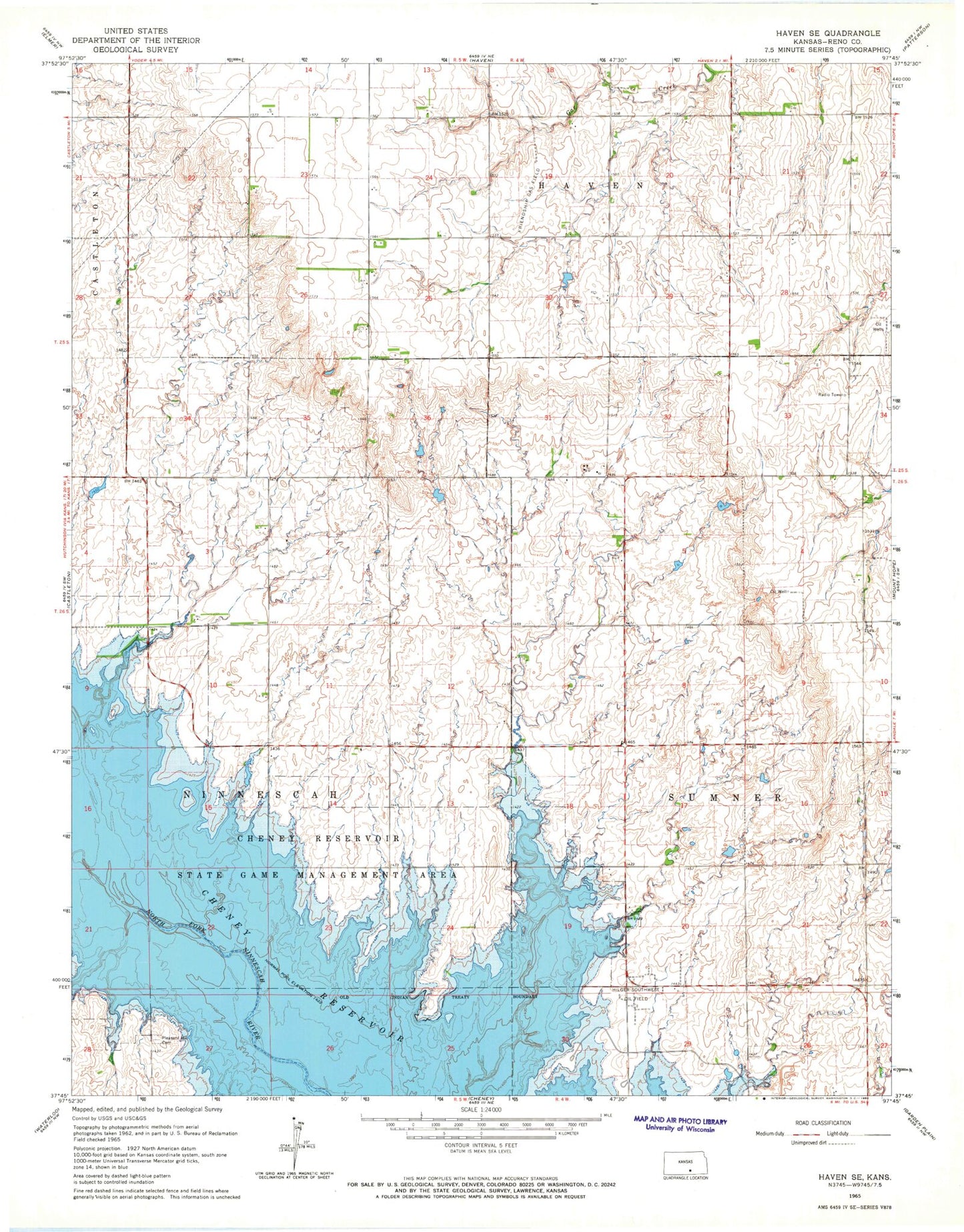 Classic USGS Haven SE Kansas 7.5'x7.5' Topo Map Image