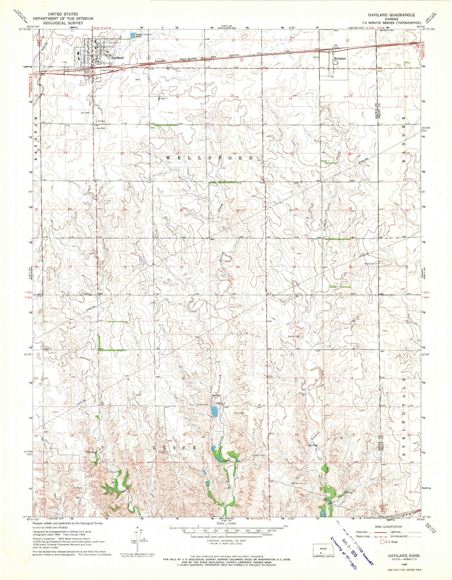 Classic USGS Haviland Kansas 7.5'x7.5' Topo Map Image