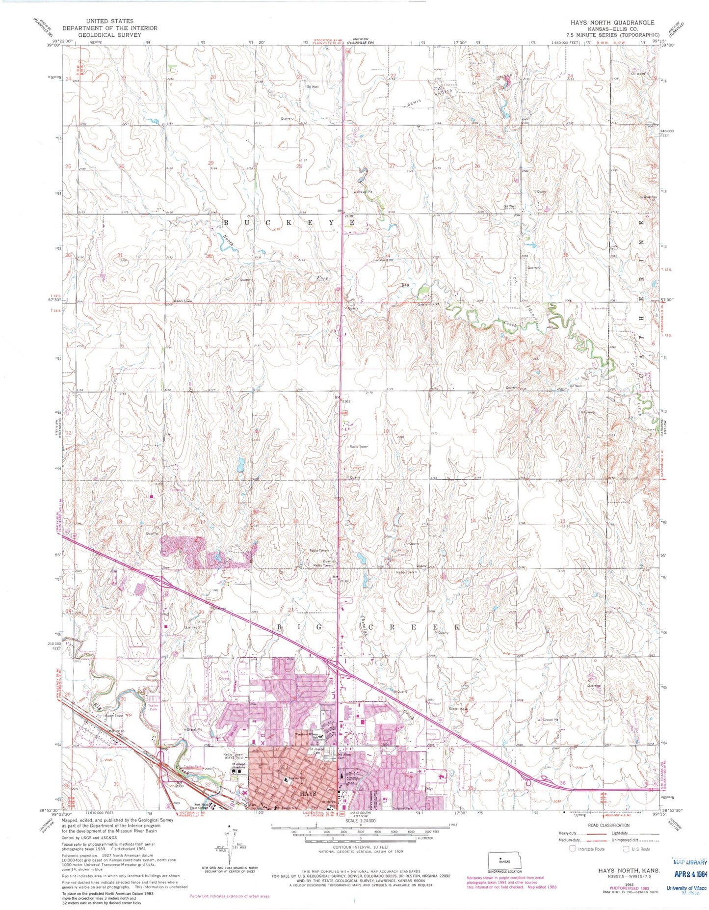 Classic USGS Hays North Kansas 7.5'x7.5' Topo Map Image