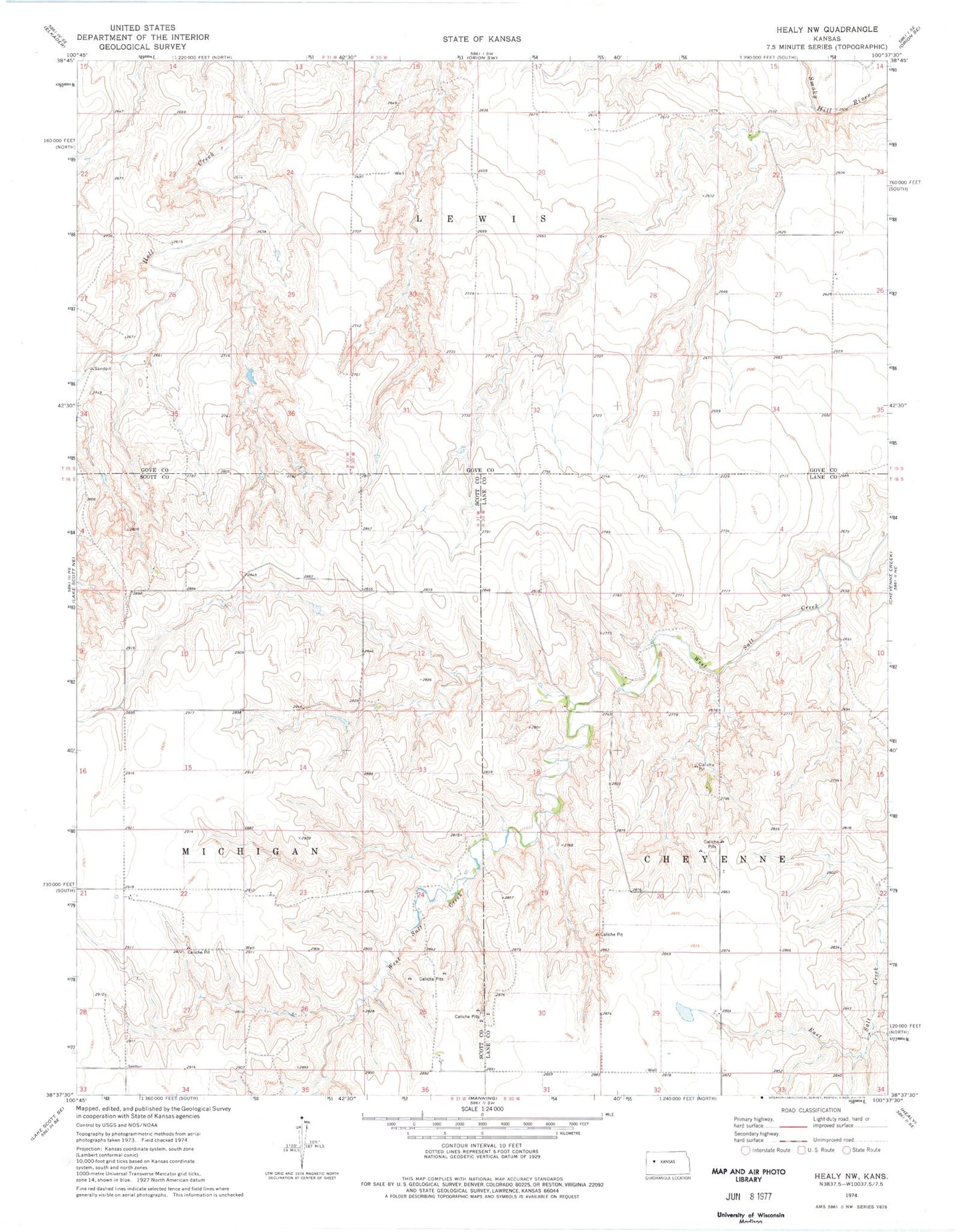 Classic USGS Healy NW Kansas 7.5'x7.5' Topo Map Image