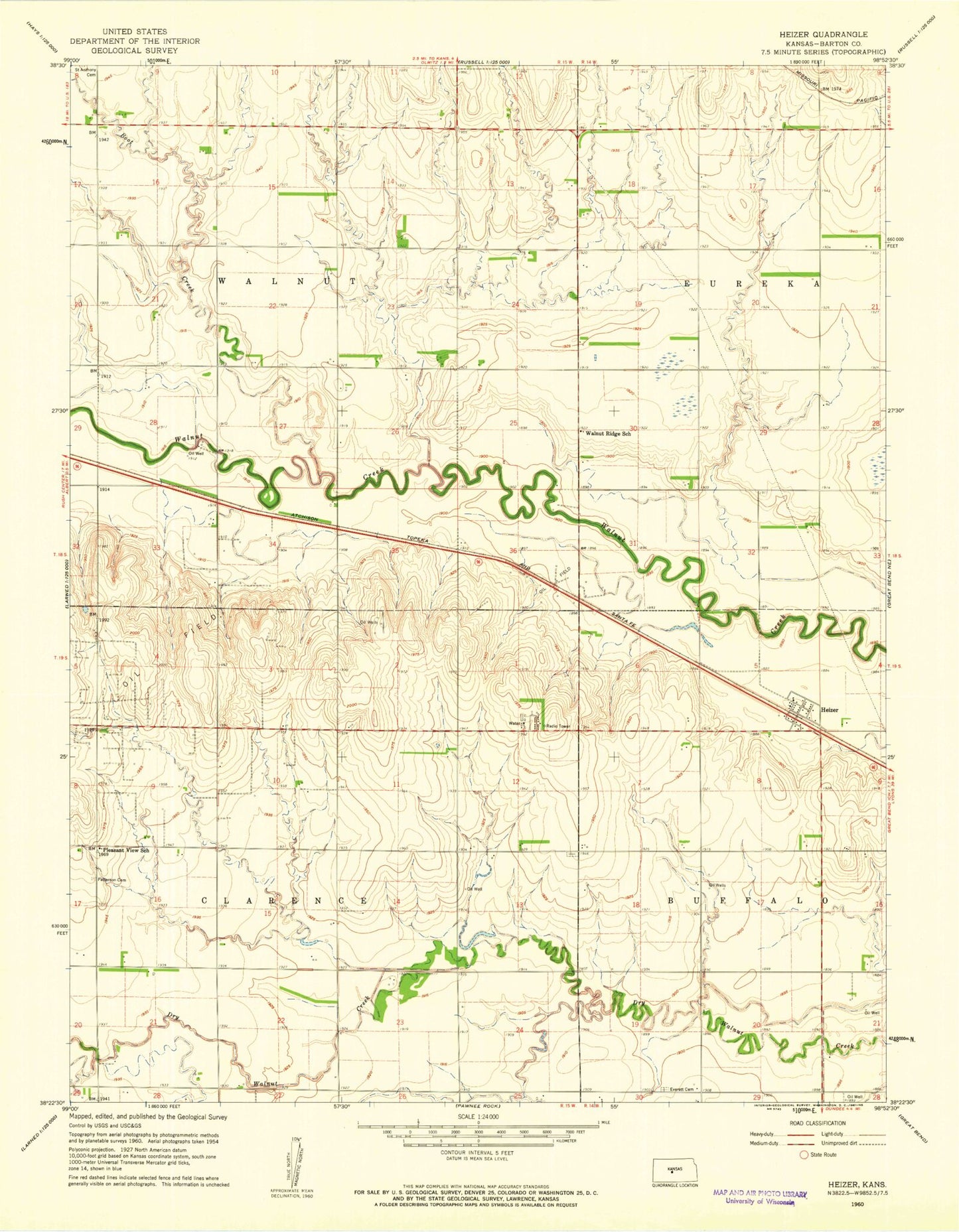 Classic USGS Heizer Kansas 7.5'x7.5' Topo Map Image