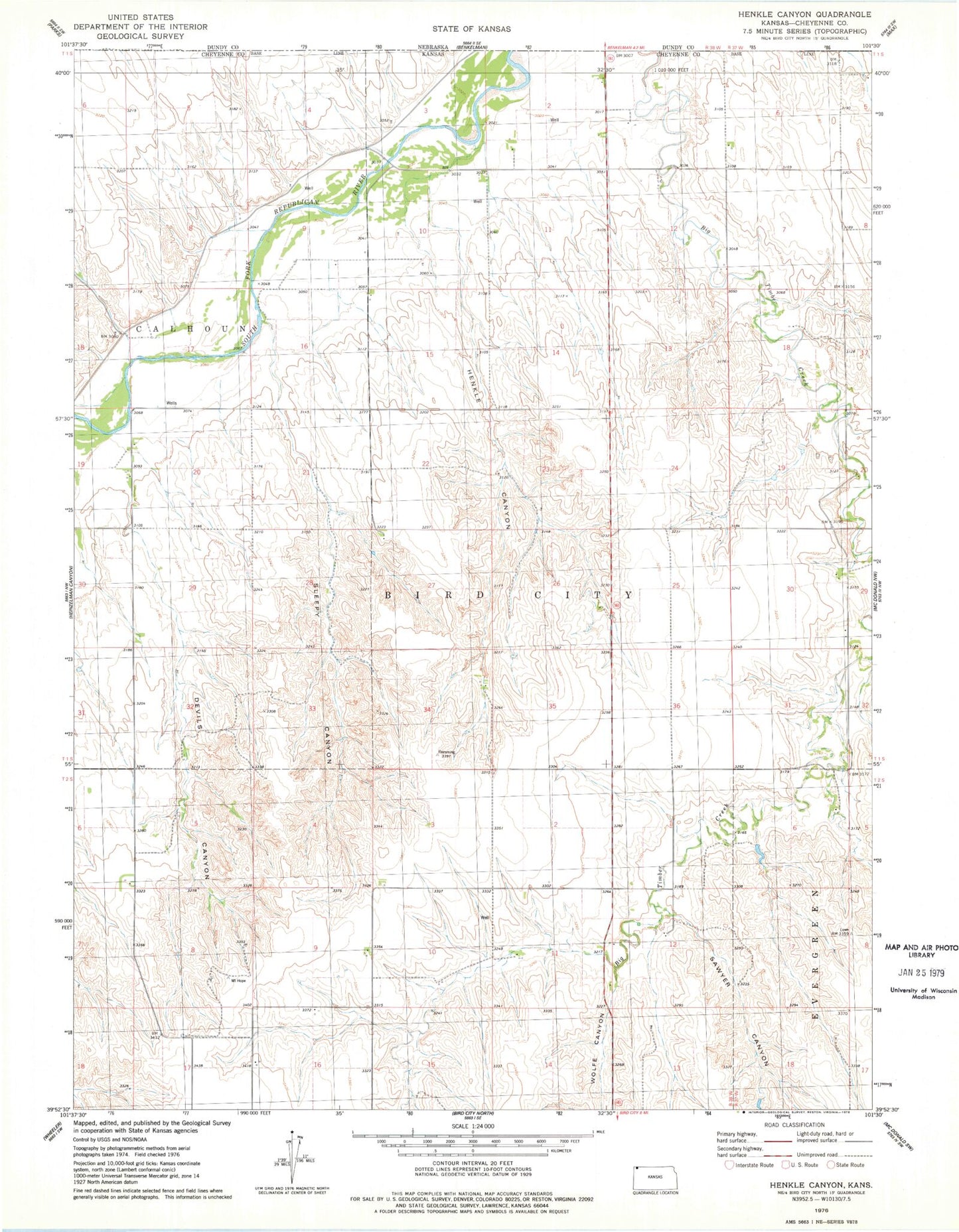 Classic USGS Henkle Canyon Kansas 7.5'x7.5' Topo Map Image