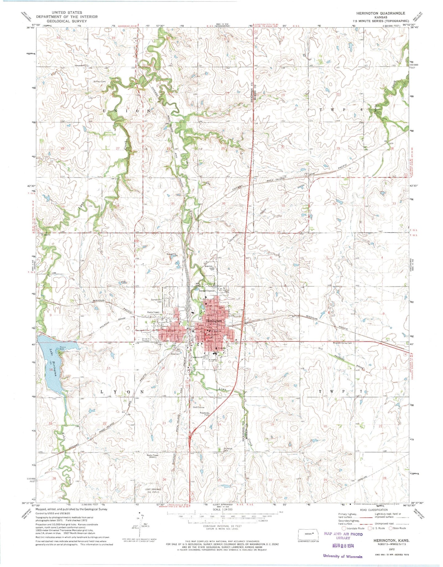 Classic USGS Herington Kansas 7.5'x7.5' Topo Map Image