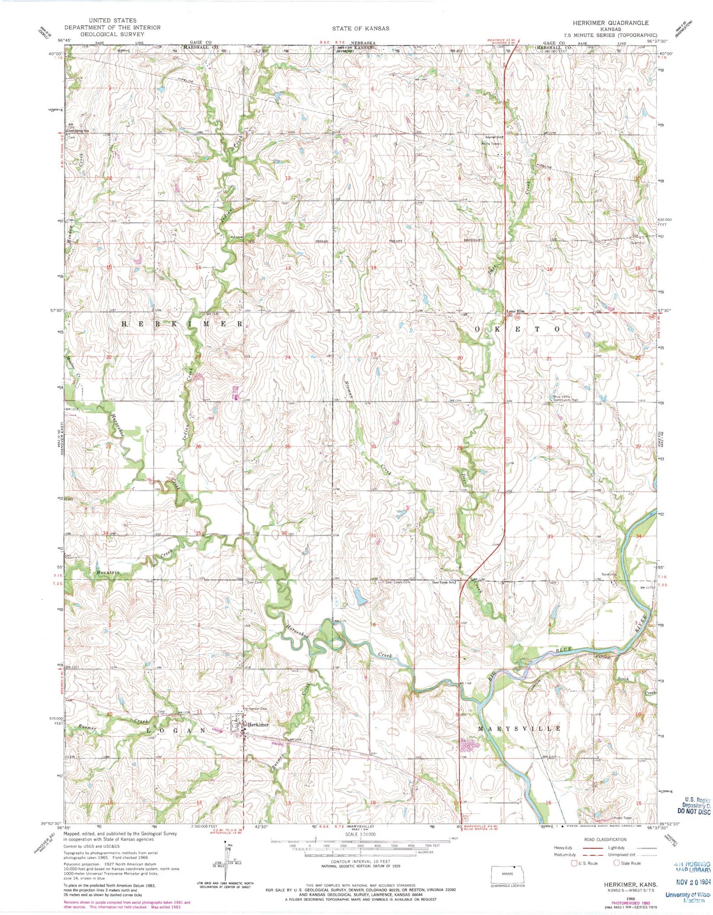 Classic USGS Herkimer Kansas 7.5'x7.5' Topo Map Image