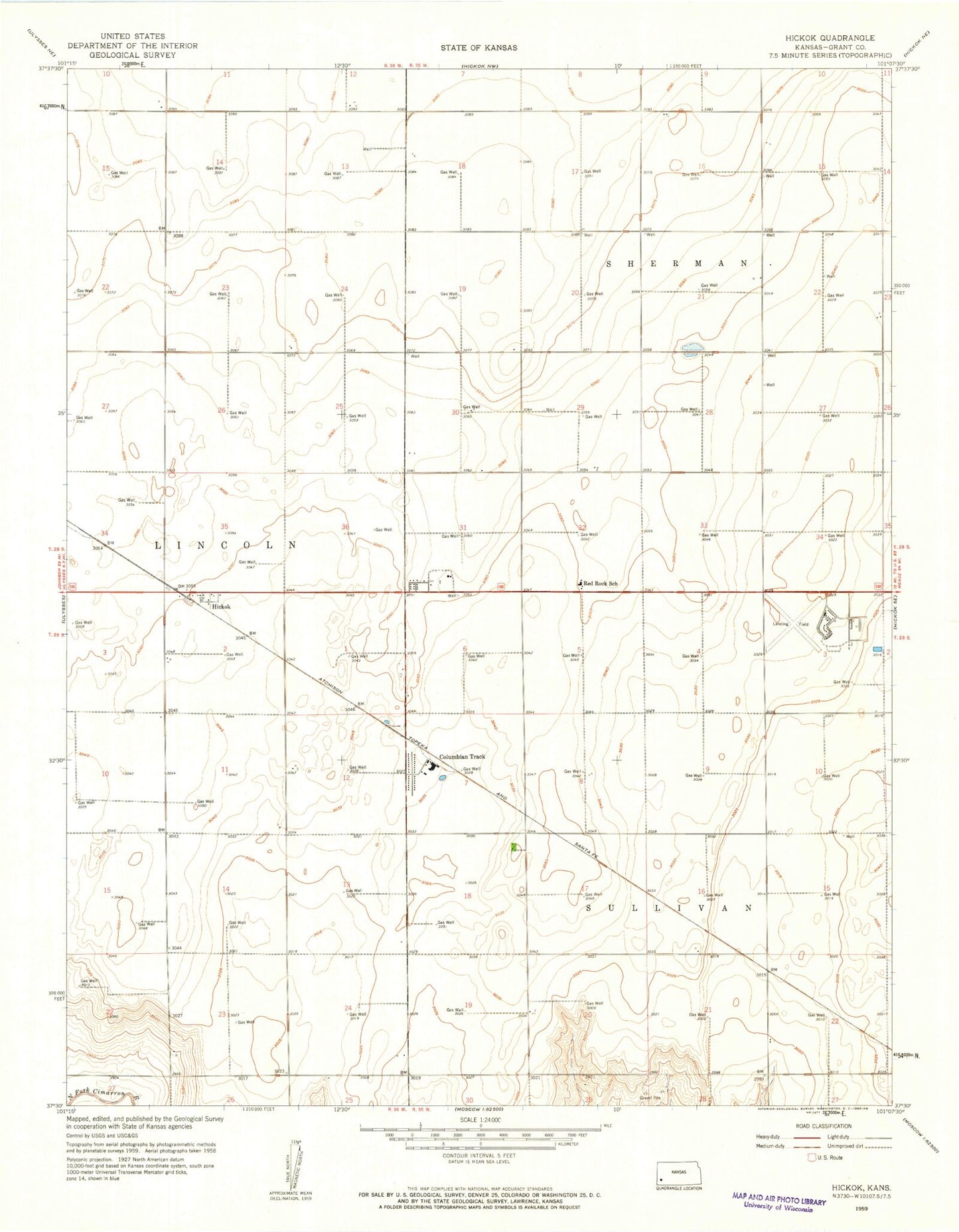 Classic USGS Hickok Kansas 7.5'x7.5' Topo Map Image