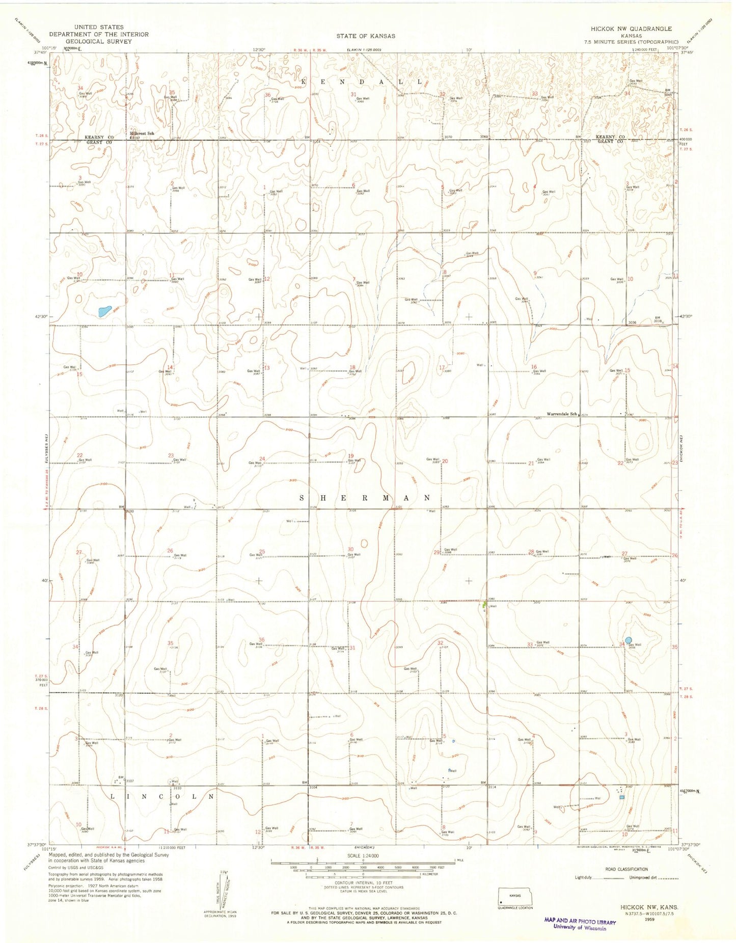 Classic USGS Hickok NW Kansas 7.5'x7.5' Topo Map Image