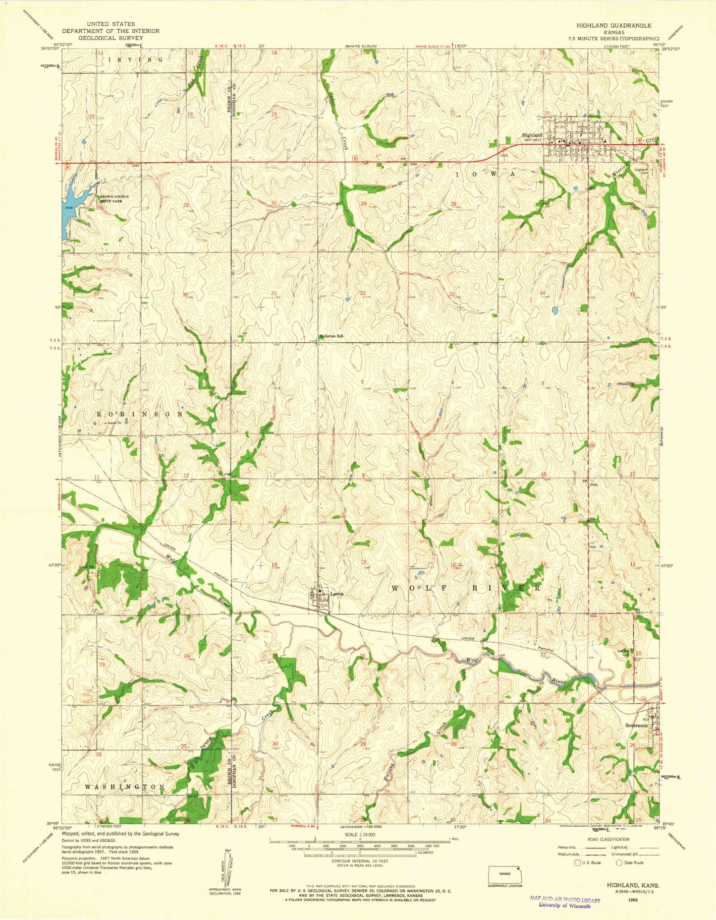 Classic USGS Highland Kansas 7.5'x7.5' Topo Map Image