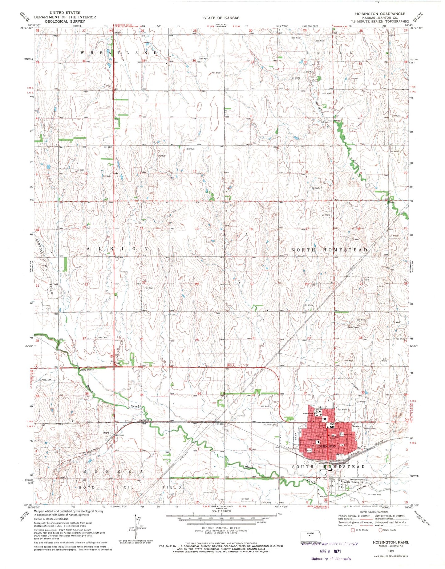 Classic USGS Hoisington Kansas 7.5'x7.5' Topo Map Image
