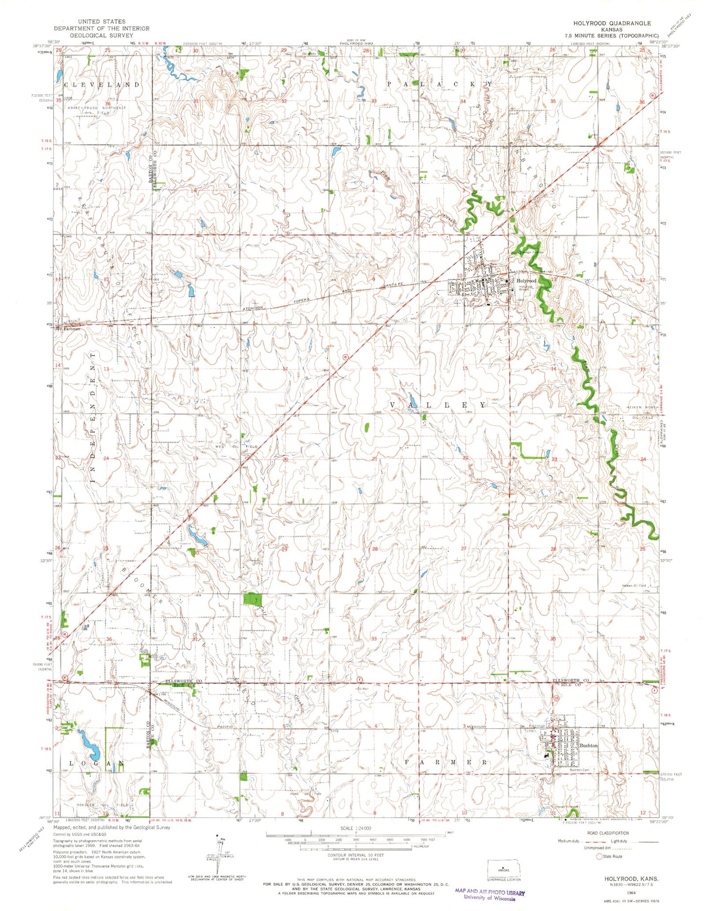 Classic USGS Holyrood Kansas 7.5'x7.5' Topo Map Image