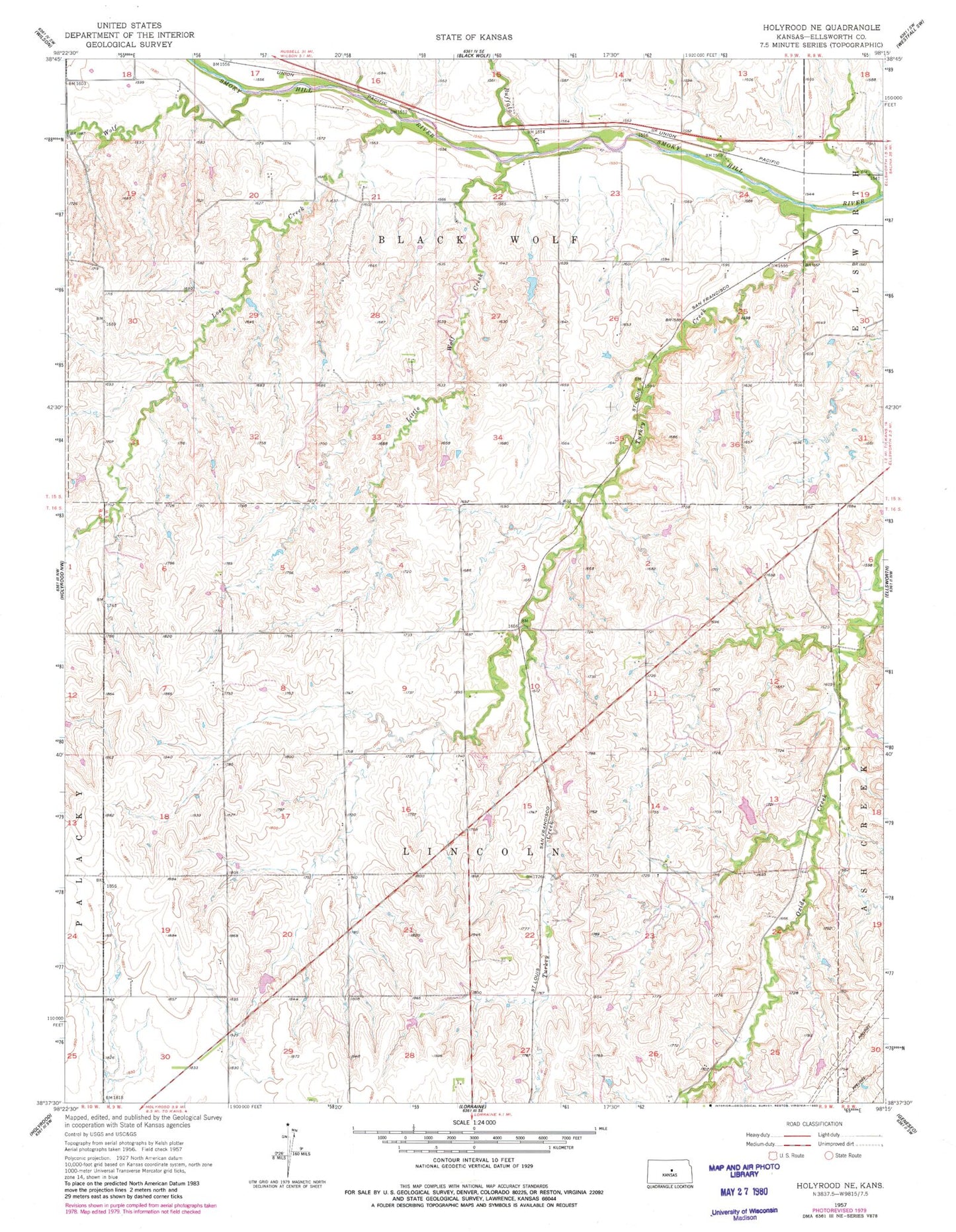 Classic USGS Holyrood NE Kansas 7.5'x7.5' Topo Map Image