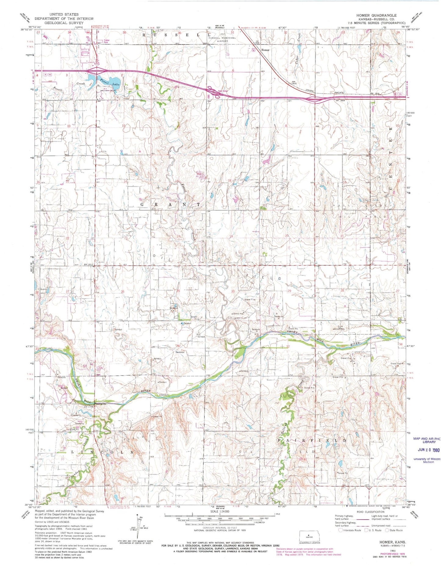 Classic USGS Homer Kansas 7.5'x7.5' Topo Map Image