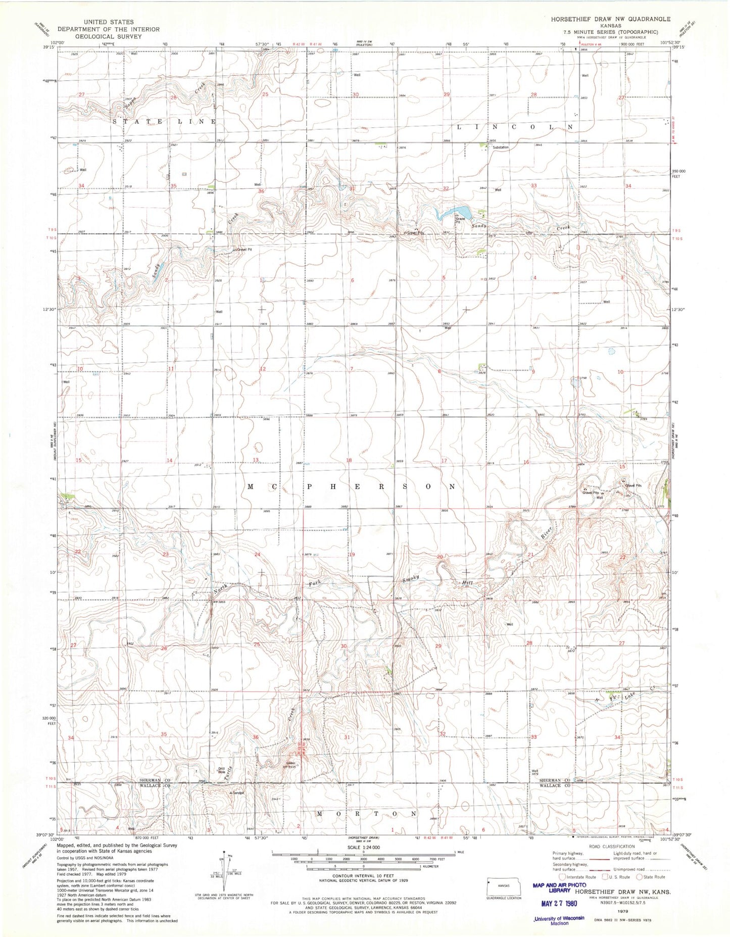 Classic USGS Horsethief Draw NW Kansas 7.5'x7.5' Topo Map Image