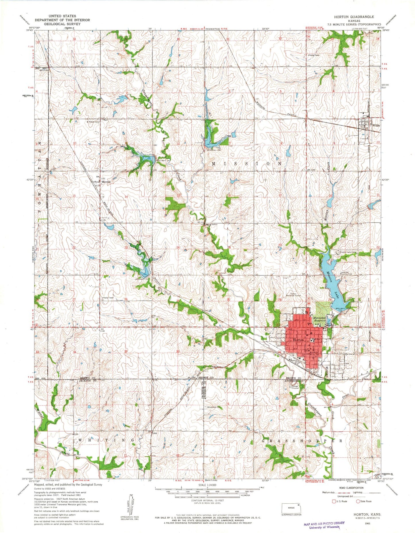 Classic USGS Horton Kansas 7.5'x7.5' Topo Map Image